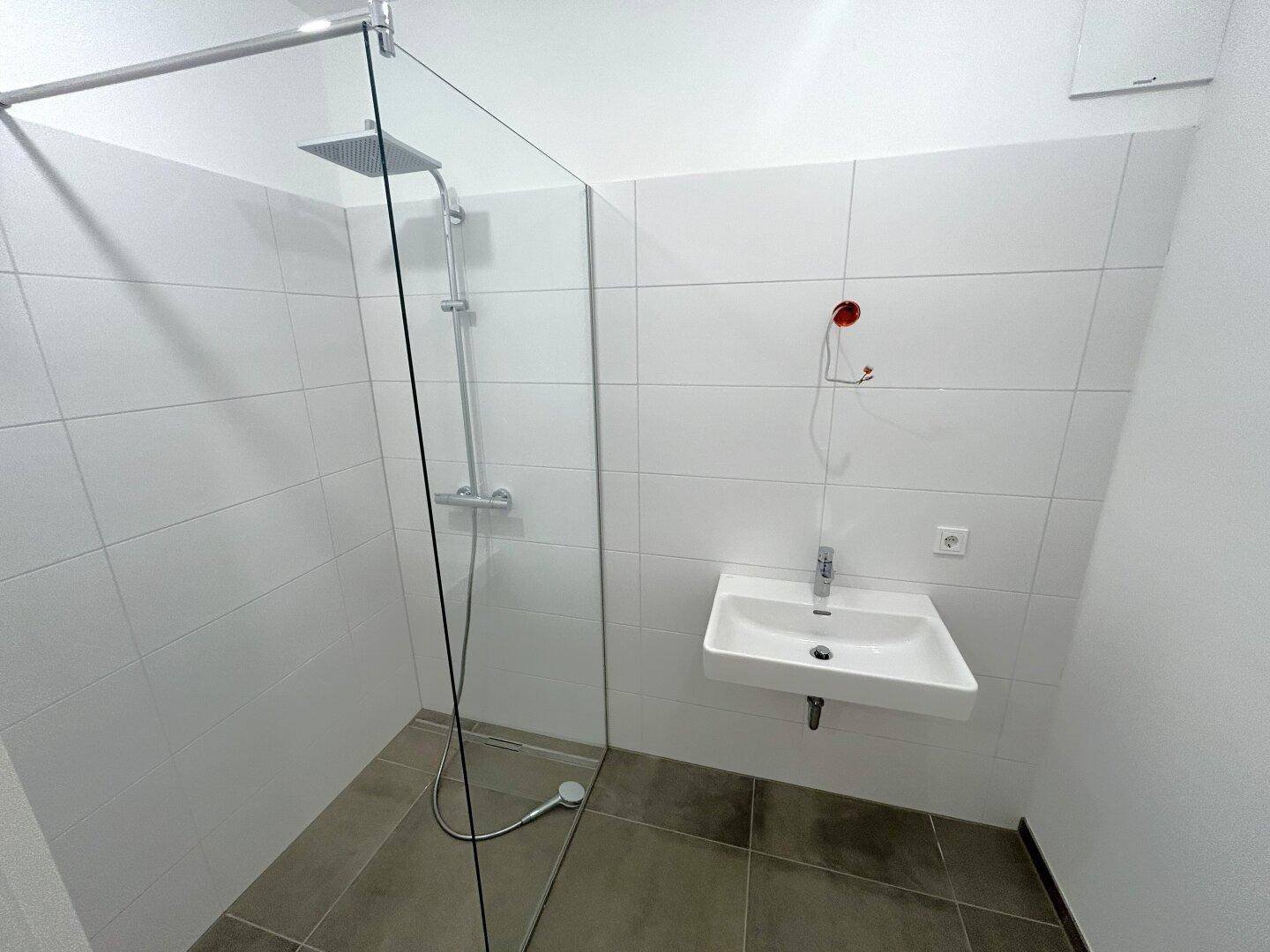 Modernes Badezimmer mit ebenerdiger Dusche, Glasabtrennung und wandmontiertem Waschbecken.