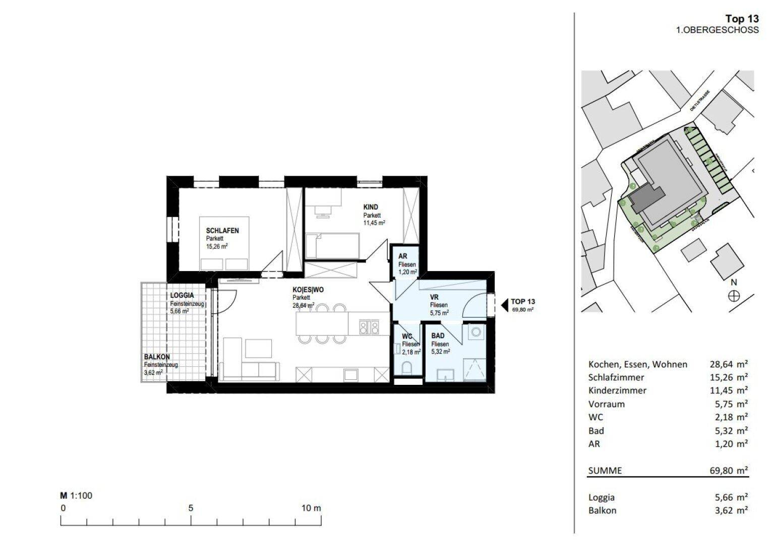 Detaillierter Grundriss der Wohnung mit Aufteilung in Schlafzimmer, Wohnküche und Bäder.