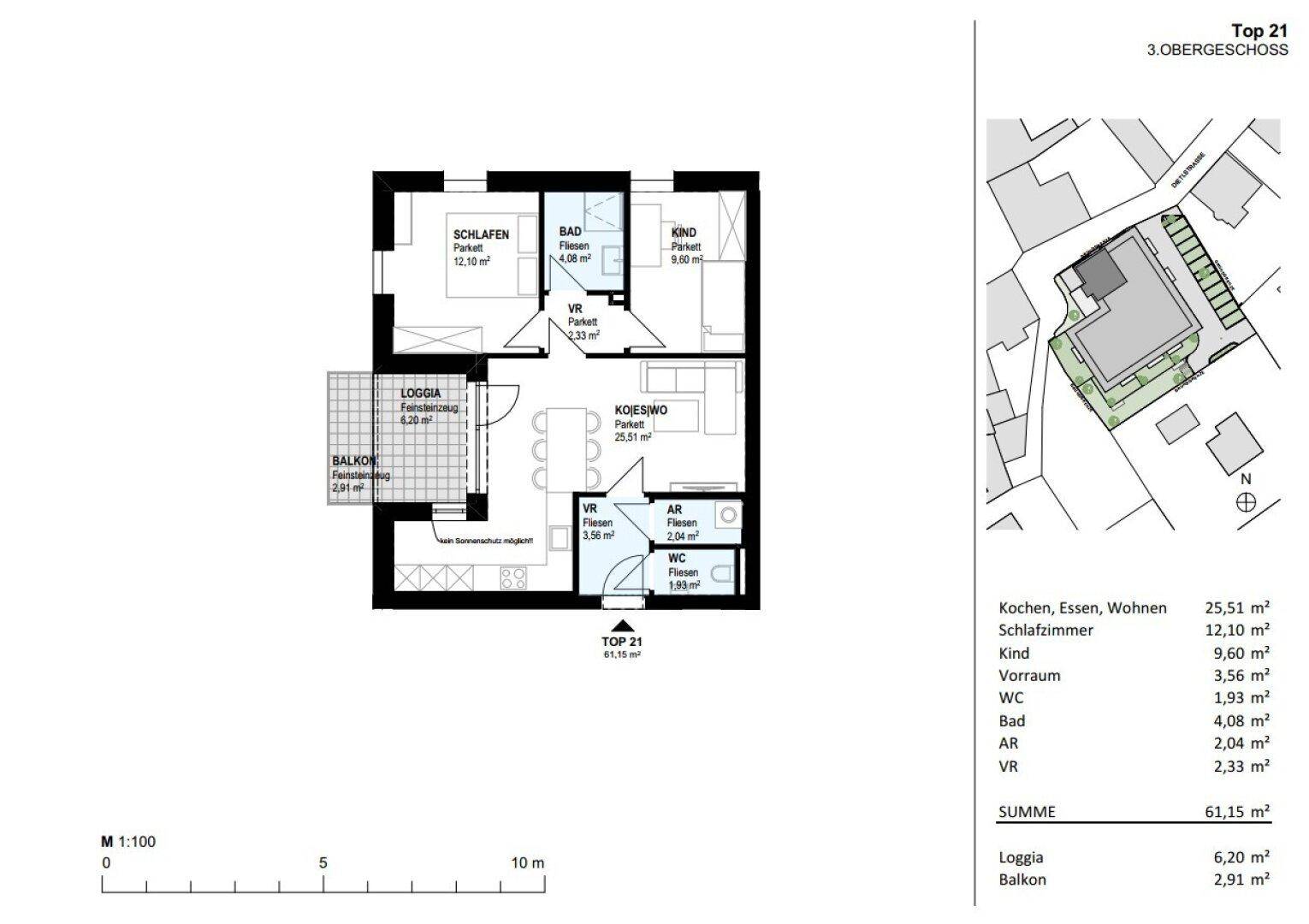 Grundriss der Wohnung Top 21 im 3. Obergeschoss mit Balkon und Loggia.