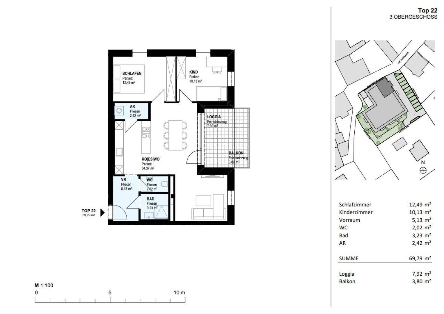 Detaillierter Grundriss einer Wohnung im 3. Obergeschoss mit Balkon und Loggia.