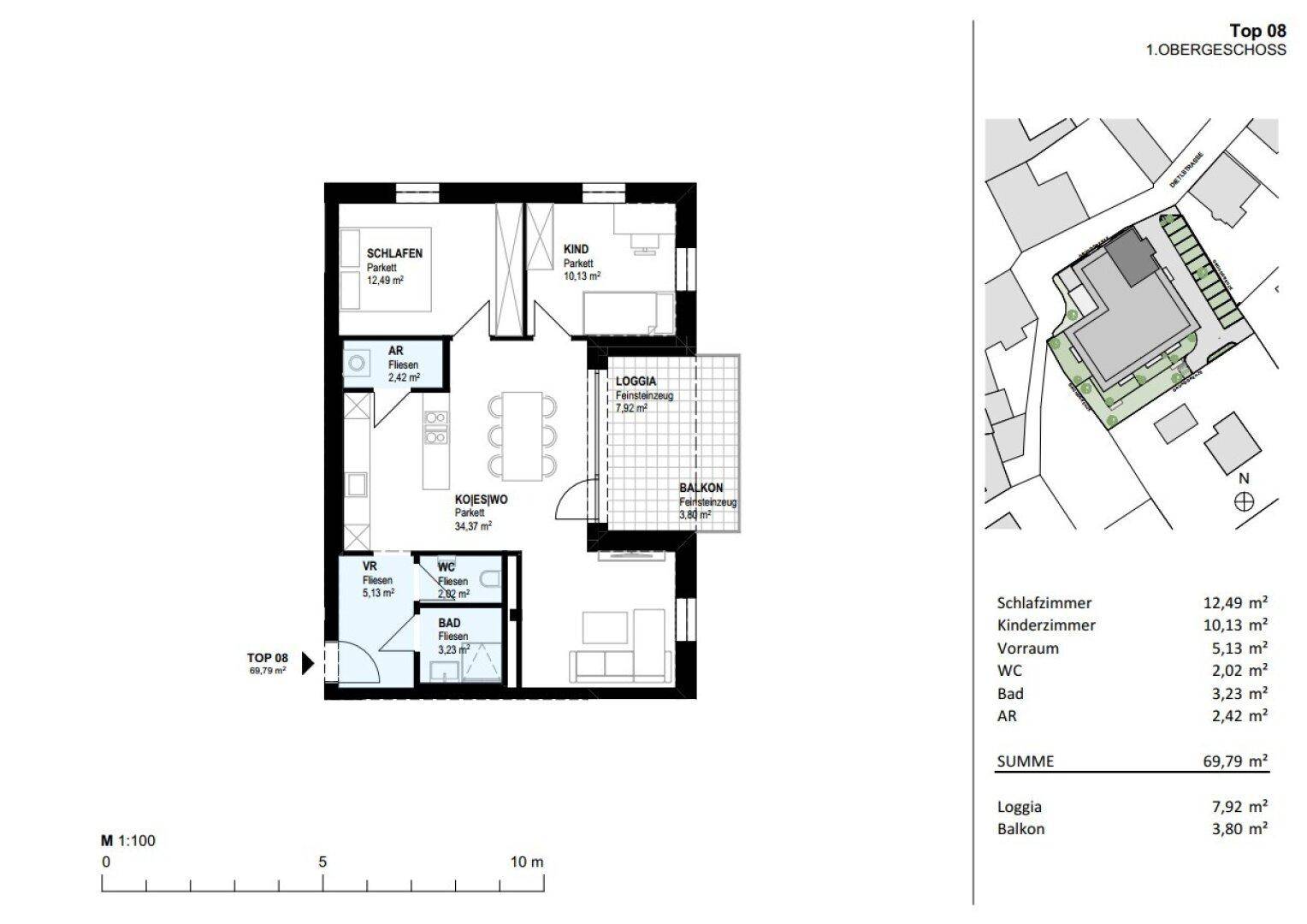 Grundriss der Wohnung Top 08 im Obergeschoss mit Loggia und Balkon.