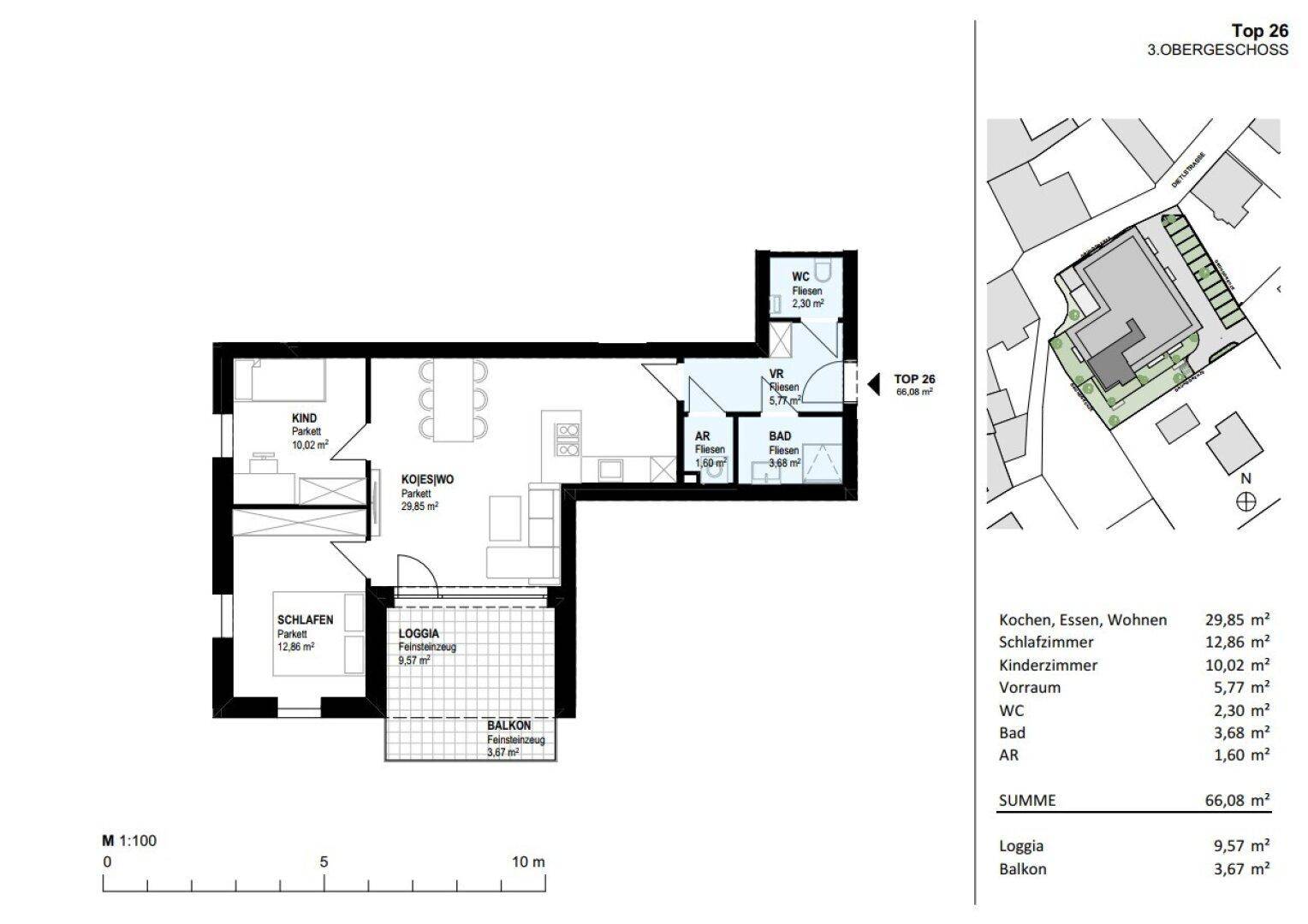 Detaillierter Grundriss der Wohnung Top 26 im 3. Obergeschoss mit Balkon und Loggia.