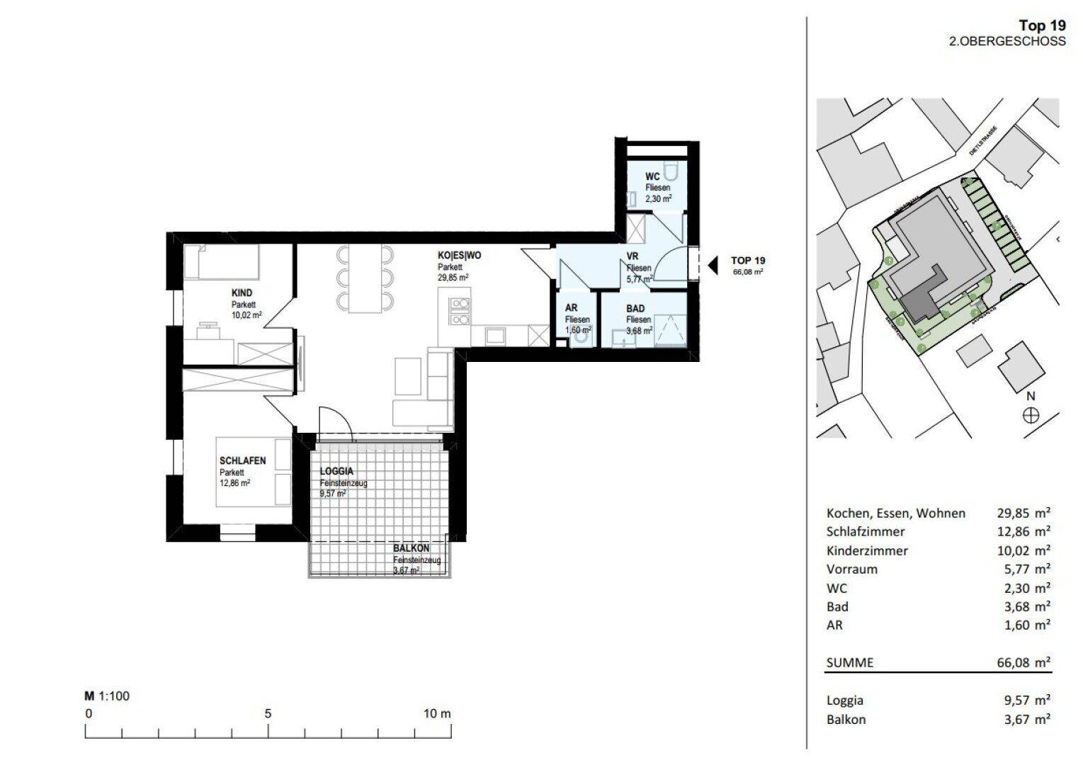 Grundriss der Wohnung im 2. Obergeschoss mit Balkon und Loggia.