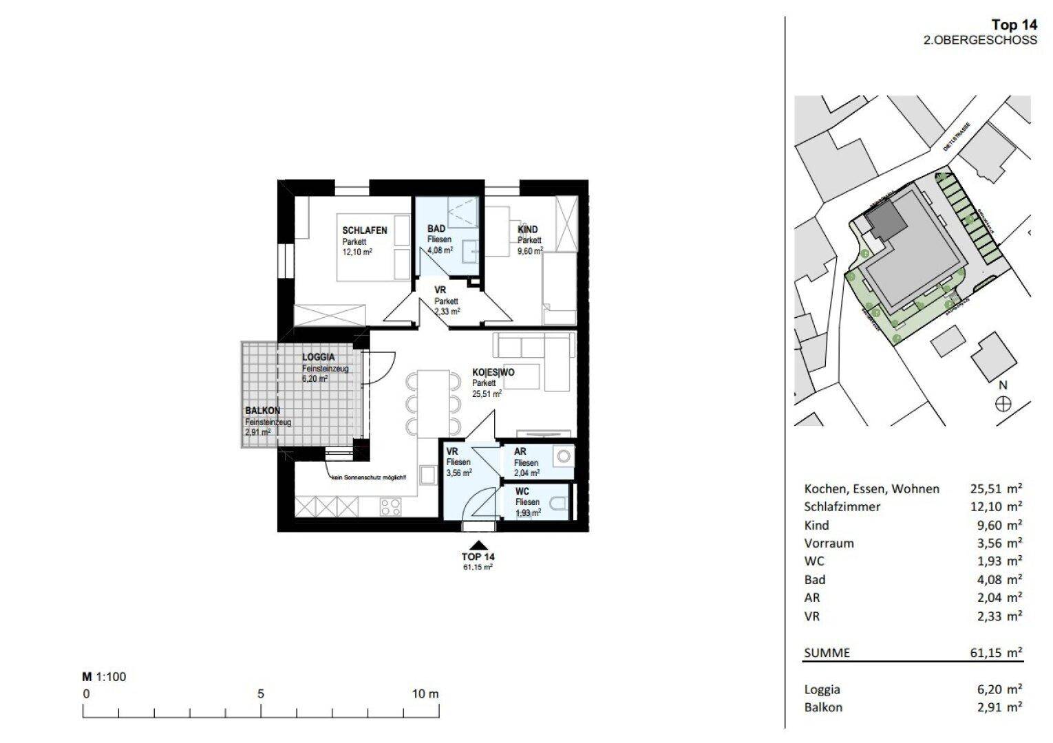Detaillierter Grundriss einer Wohnung im 2. Obergeschoss mit Loggia und Balkon.