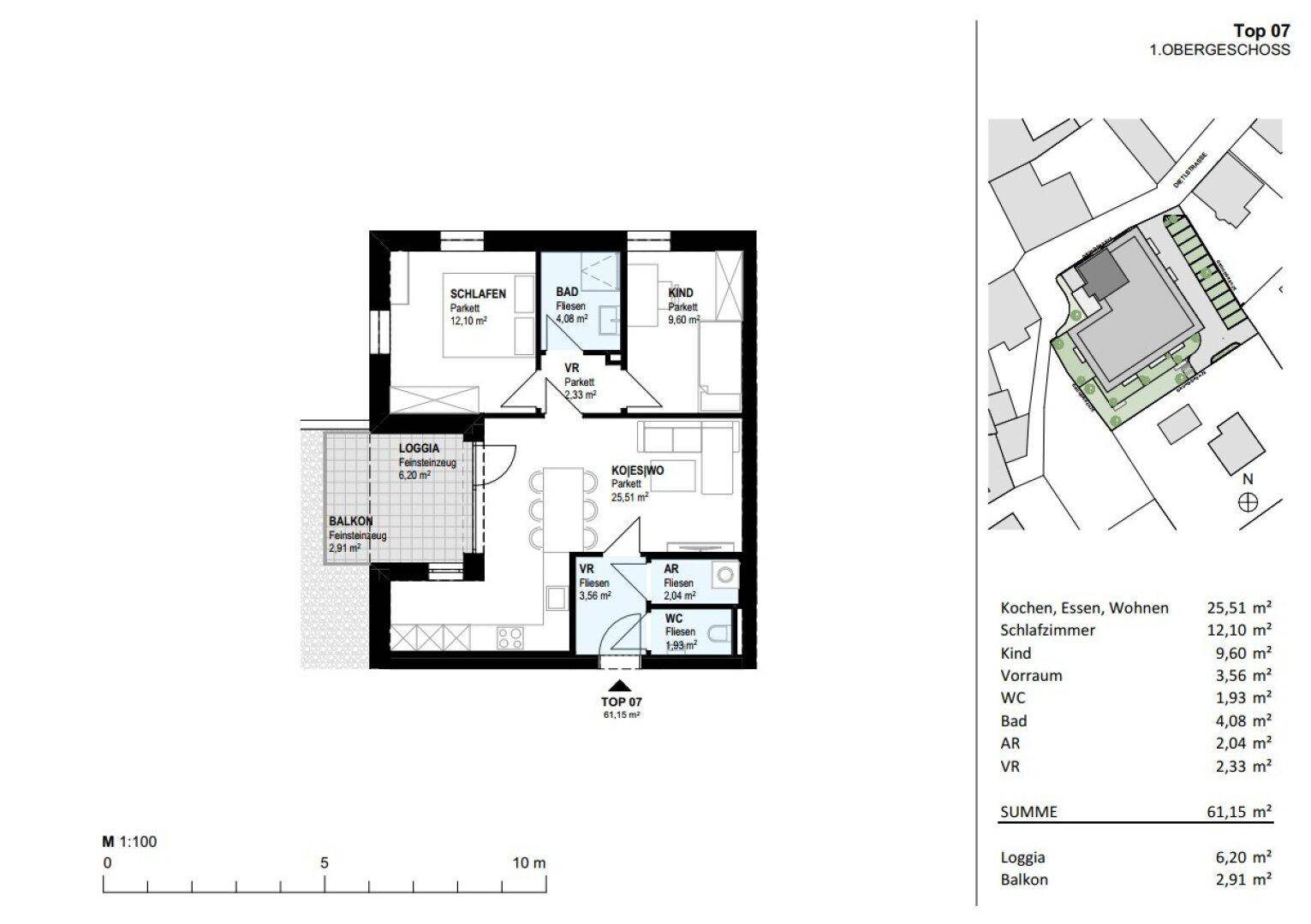 Grundriss der Wohnung Top 07 im Obergeschoss mit Loggia und Balkon.