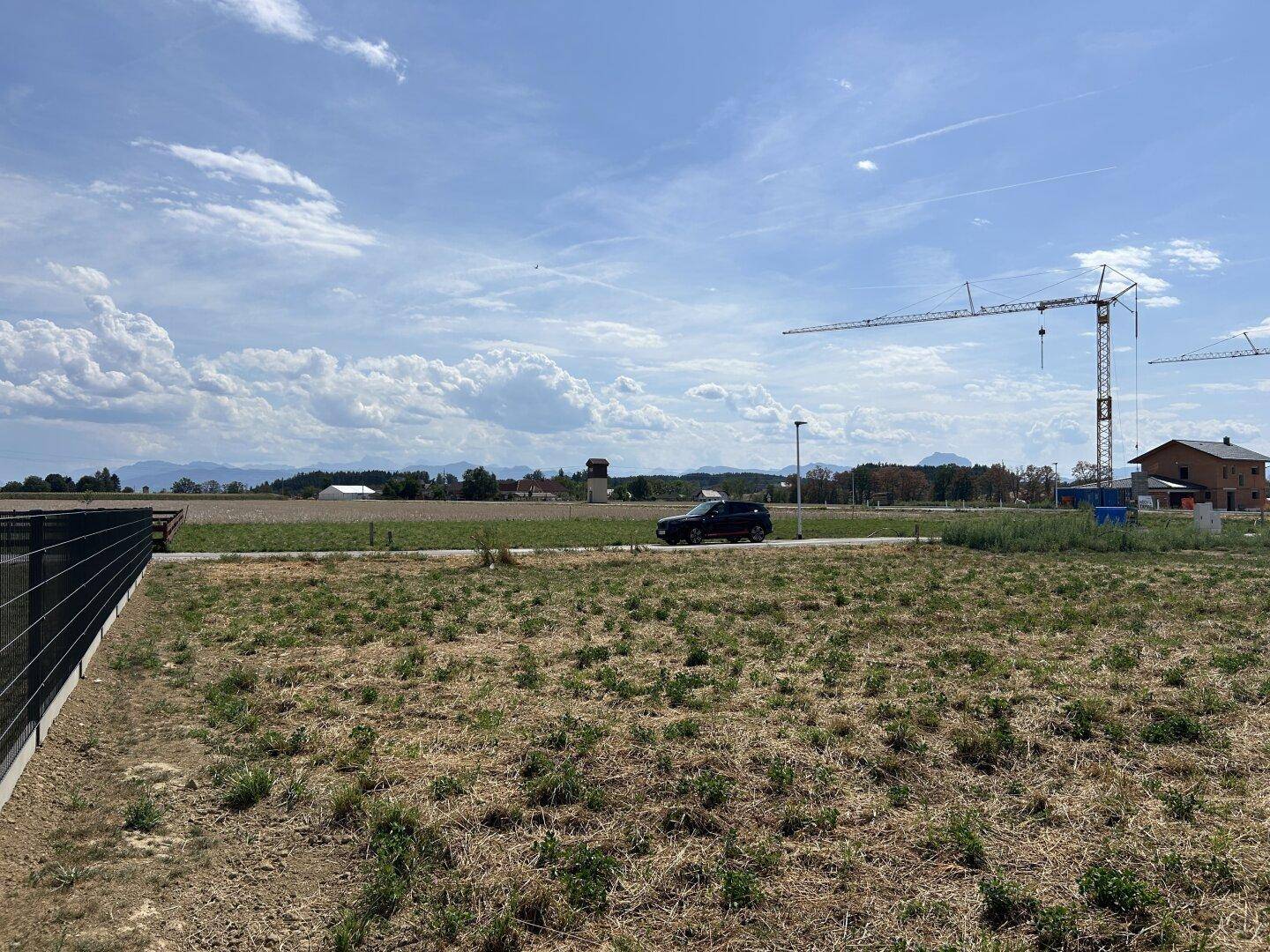 Weitläufiges Grundstück mit Blick auf Berge und Baukräne in der Ferne.