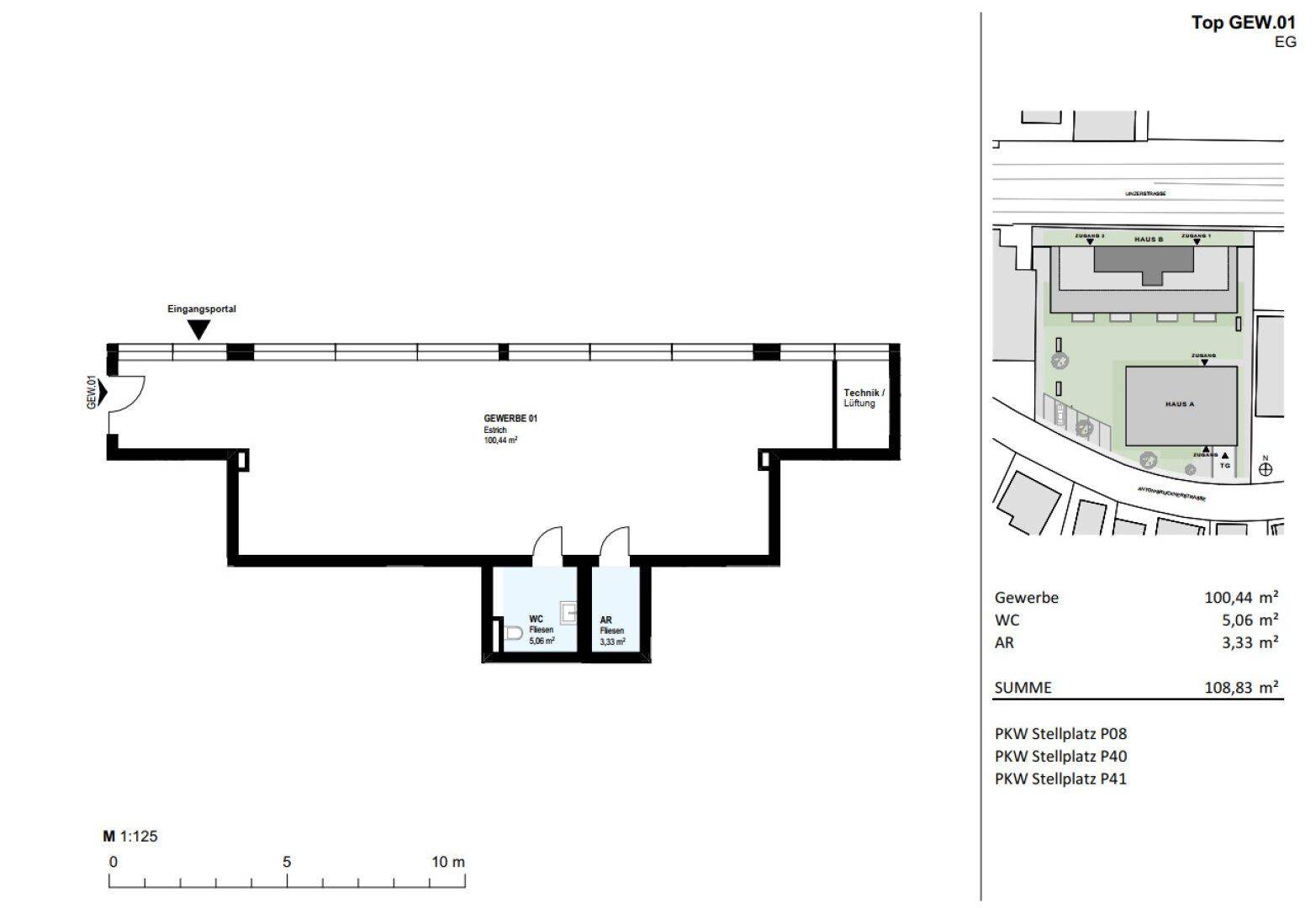 Grundriss einer Gewerbeeinheit im Erdgeschoss mit offenem Layout, separatem WC und Technikraum.
