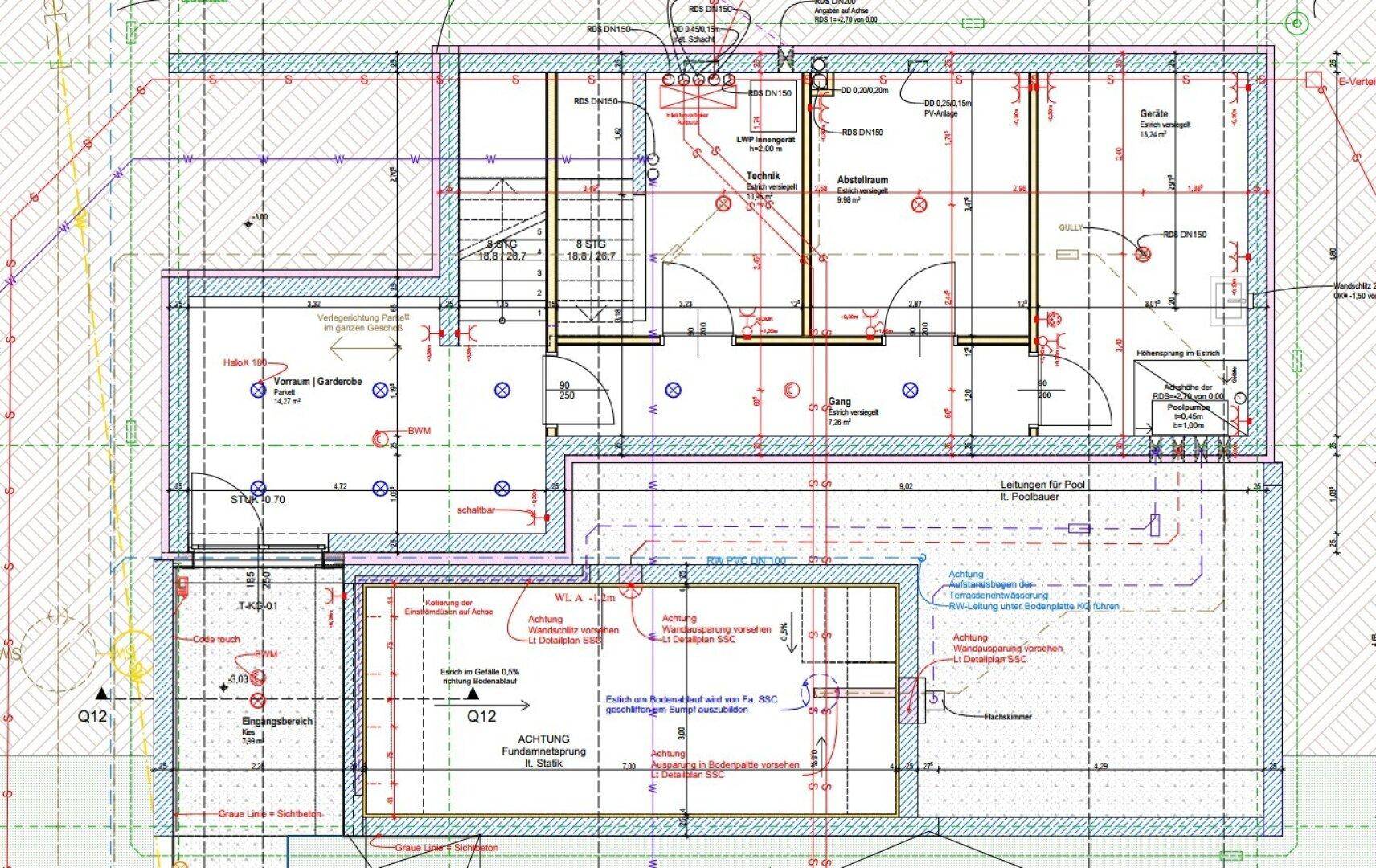 Technischer Grundriss des Untergeschosses mit Abstellräumen und Technikbereich.