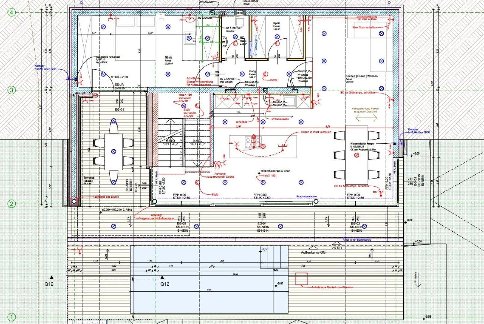 Grundriss des Erdgeschosses mit offenem Wohnbereich, Küche und Terrasse mit Pool.