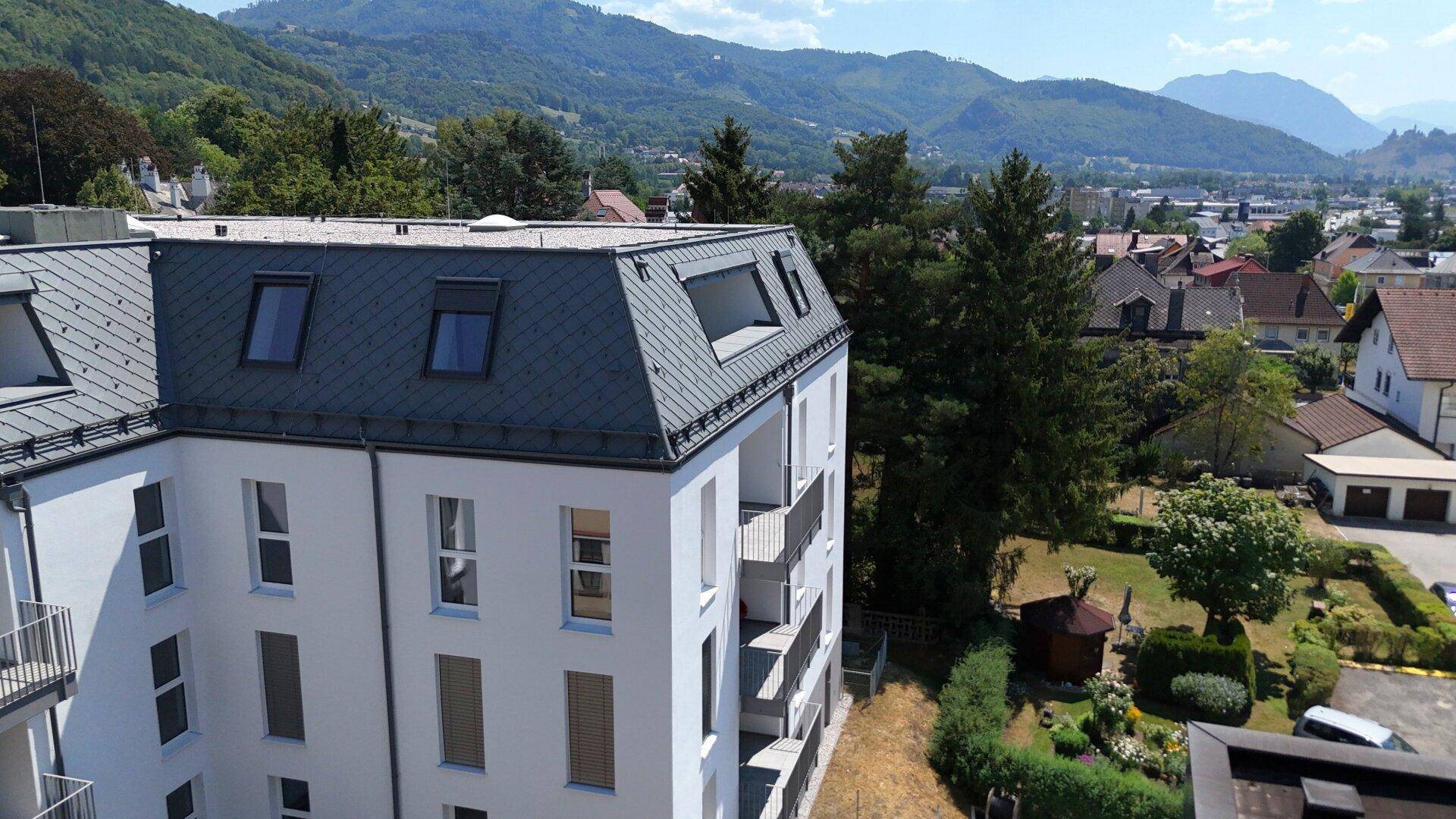 Detailansicht des Daches eines modernen Wohngebäudes mit Dachfenstern und einem angrenzenden gepflegten Gartenbereich.