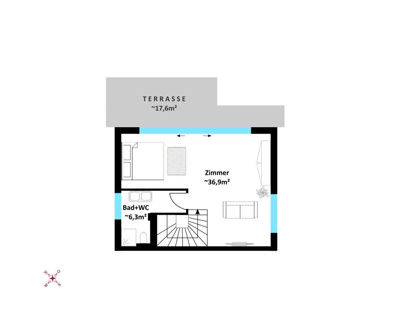 Dieser Grundriss des Dachgeschosses verfügt über ein großes Schlafzimmer, ein Badezimmer mit WC und eine geräumige Terrasse.