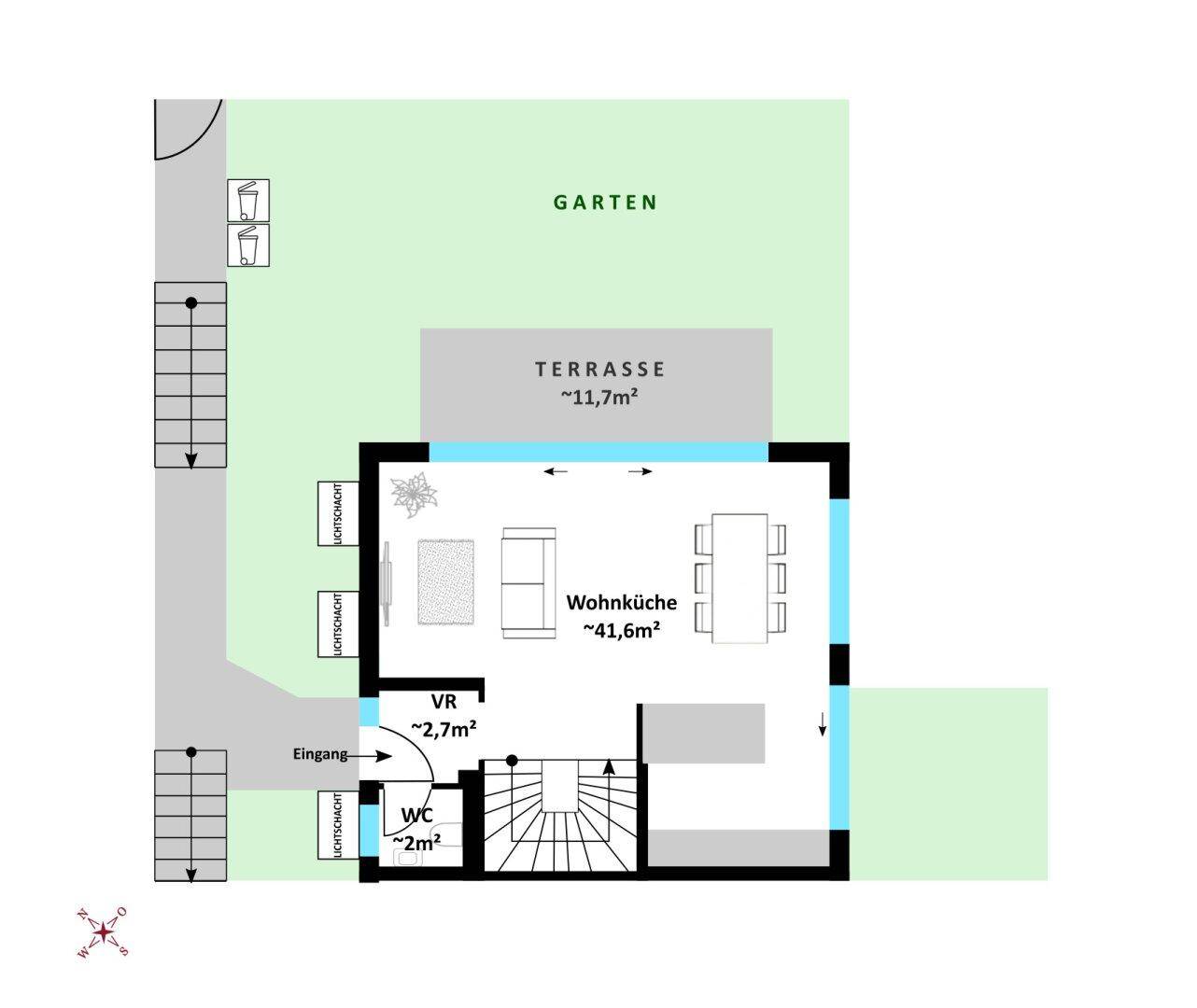 Dieser Grundriss zeigt das Erdgeschoss mit einer großzügigen Wohnküche, direktem Zugang zur Terrasse und einem Gartenbereich.