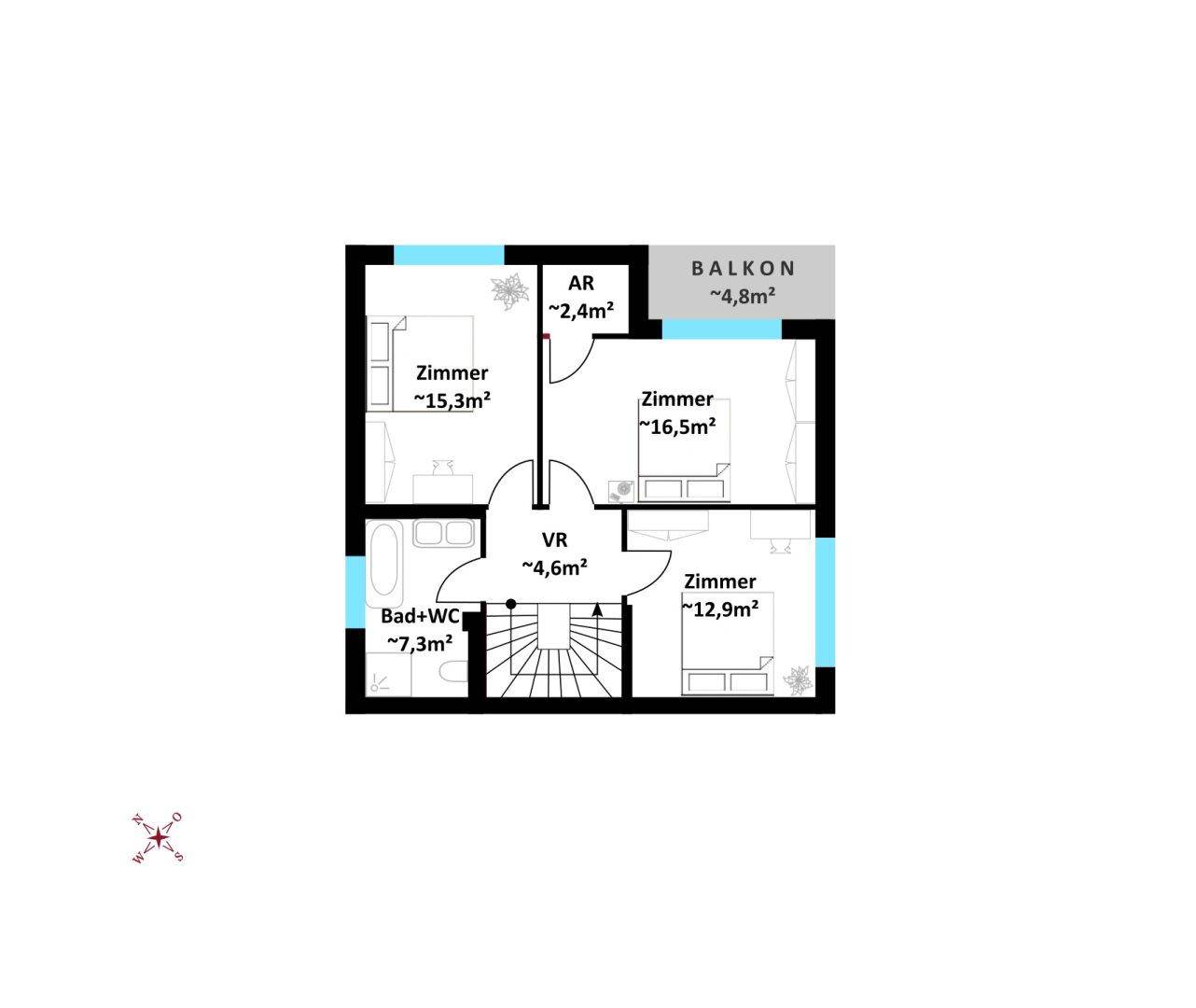 Der Grundriss des Obergeschosses präsentiert drei Schlafzimmer, ein Badezimmer mit WC und einen Balkon.