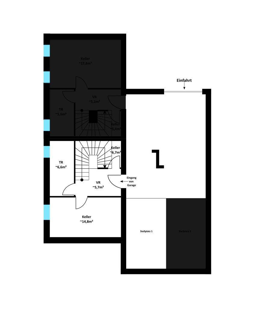 Grundriss des Kellergeschosses mit Abstellräumen und Garagenzugang, bietet viel Stauraum.