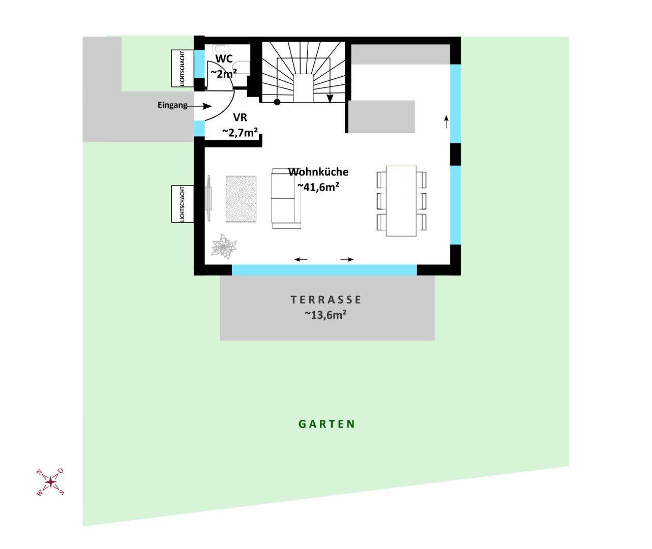 Grundriss des Erdgeschosses mit offener Wohnküche, Terrasse und Garten, ideal für Familien.