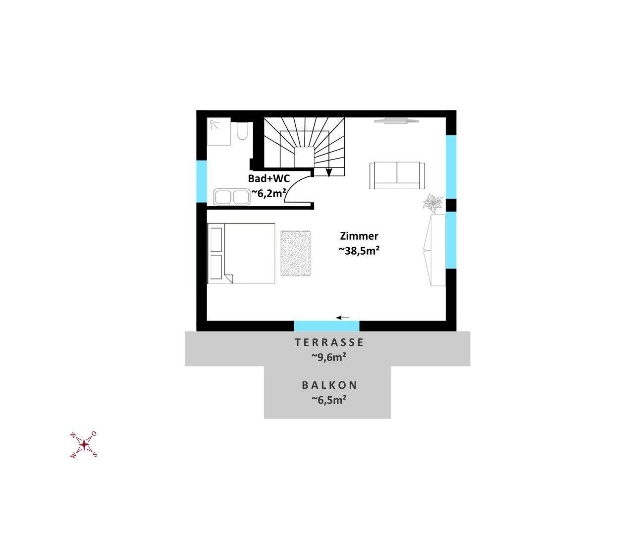 Grundriss des Dachgeschosses mit großem Zimmer, Bad, Terrasse und Balkon, sehr geräumig.