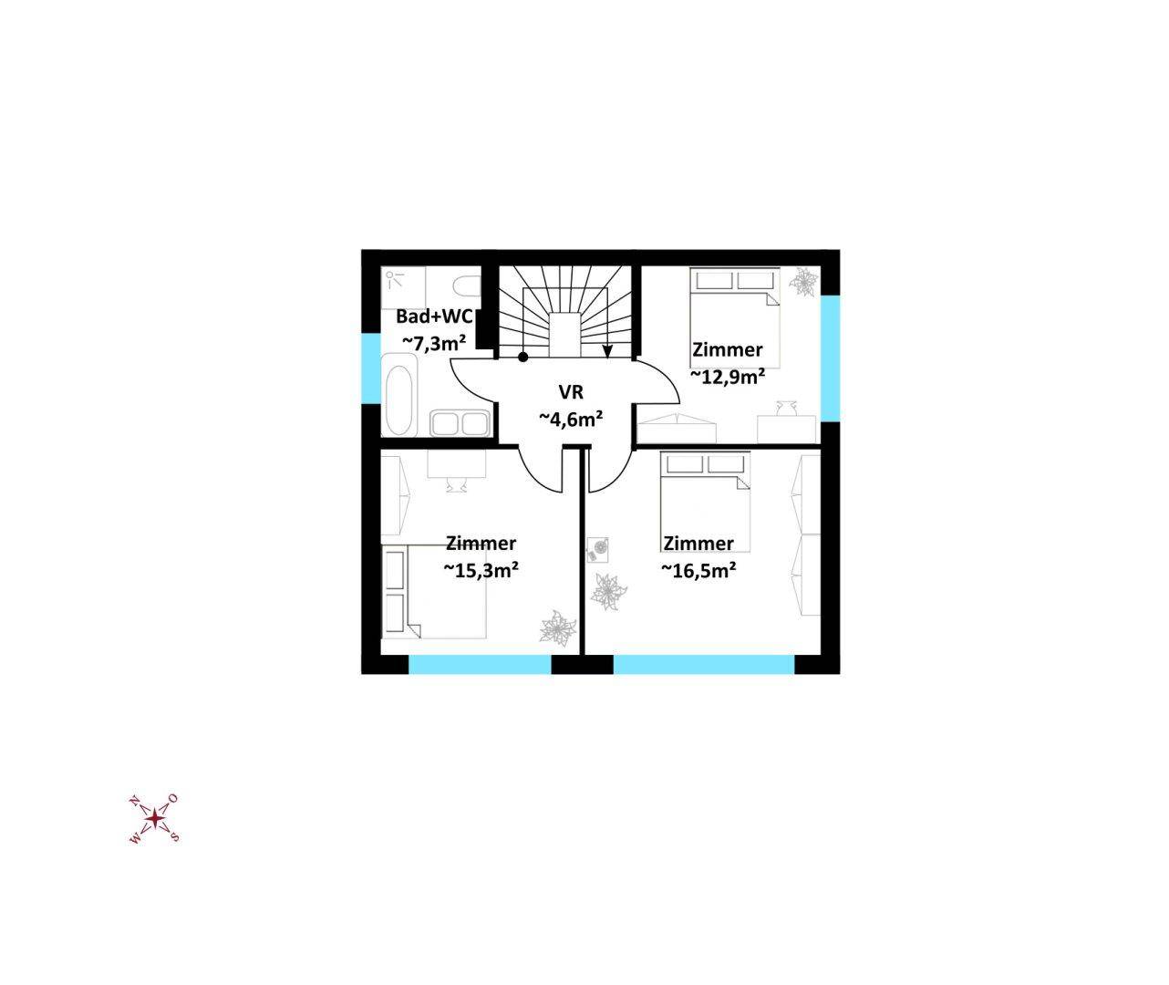 Grundriss des Obergeschosses mit drei Schlafzimmern und einem Badezimmer, gut aufgeteilt.