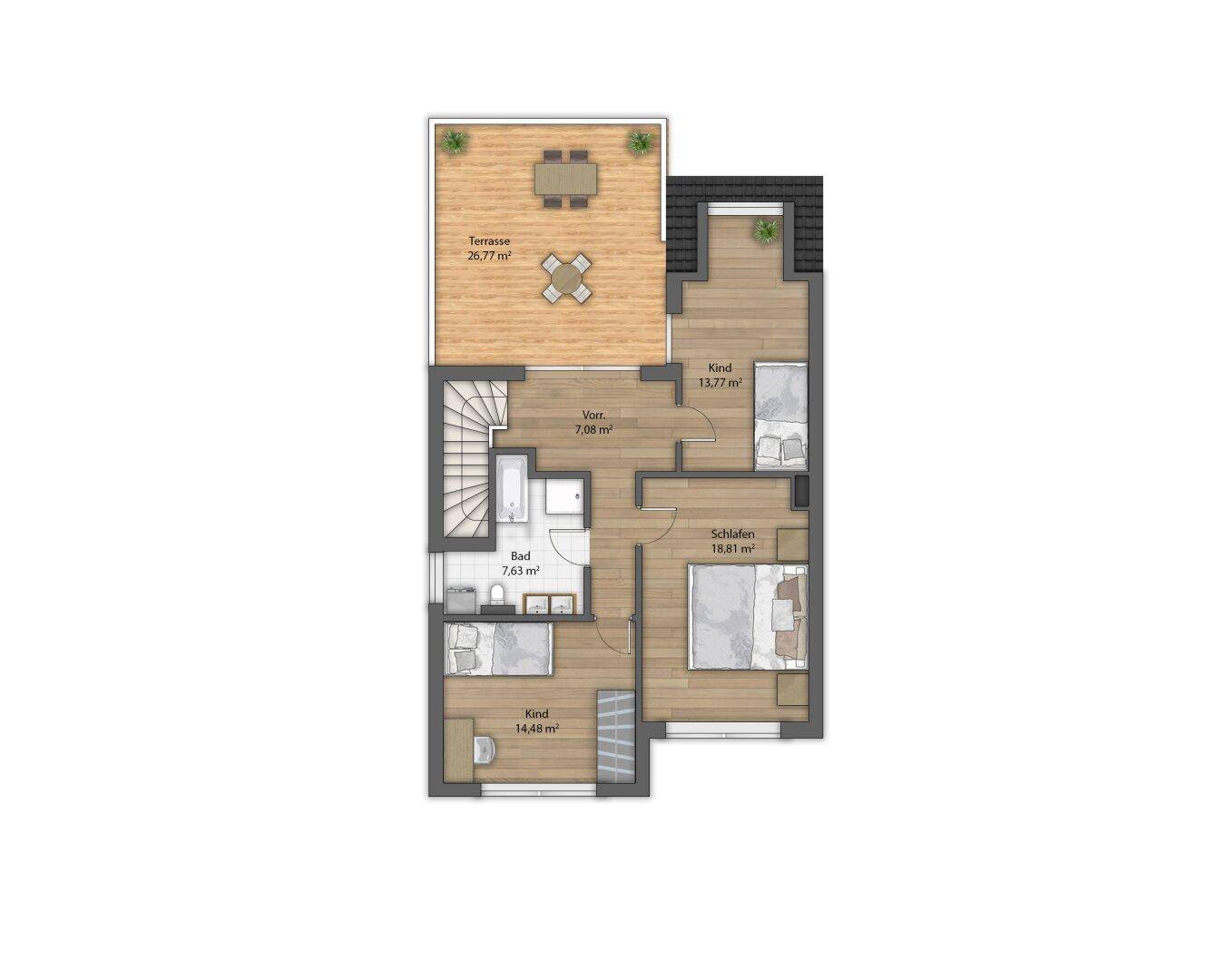 Grundriss des Obergeschosses mit drei Schlafzimmern, Badezimmer und großer Dachterrasse.