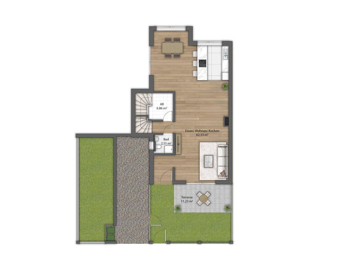 Grundriss des Erdgeschosses mit offenem Wohn-Essbereich, Terrasse und Garten.