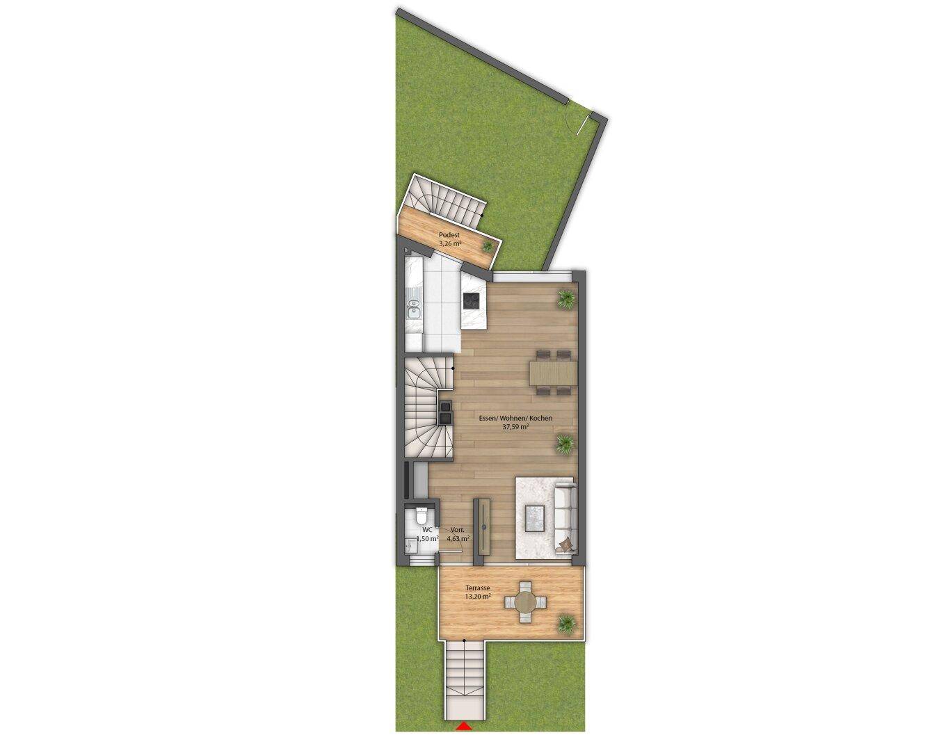 Grundriss des Erdgeschosses mit offenem Wohn-Essbereich, Küche und Zugang zur Terrasse.