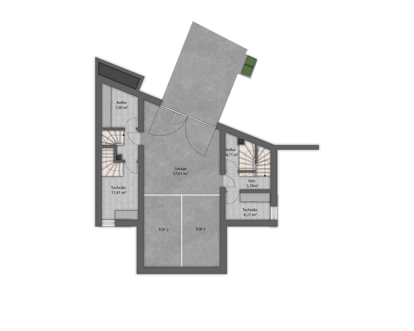 Grundriss des Untergeschosses mit großer Garage, Kellerräumen und Technikbereichen für zwei Wohneinheiten.