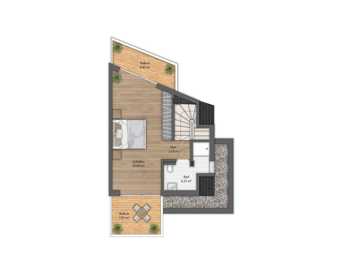 Grundriss des Dachgeschosses mit einem Schlafzimmer, einem Badezimmer und zwei Balkonen.