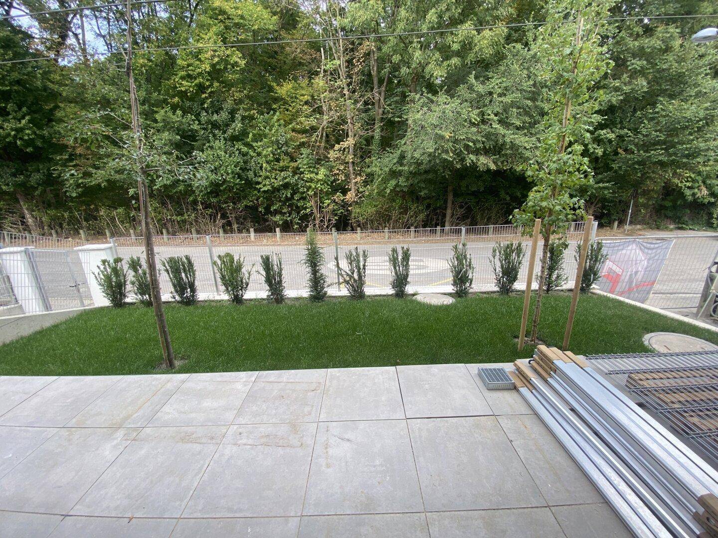 Frisch angelegter Gartenbereich mit Rasen, kleinen Hecken und gepflastertem Weg vor einer Baumkulisse.