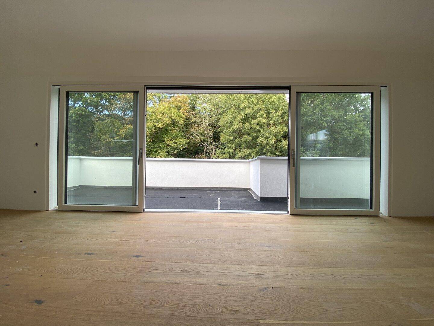 Heller Innenraum mit Holzboden und großen Schiebetüren, die zu einer leeren Terrasse führen.