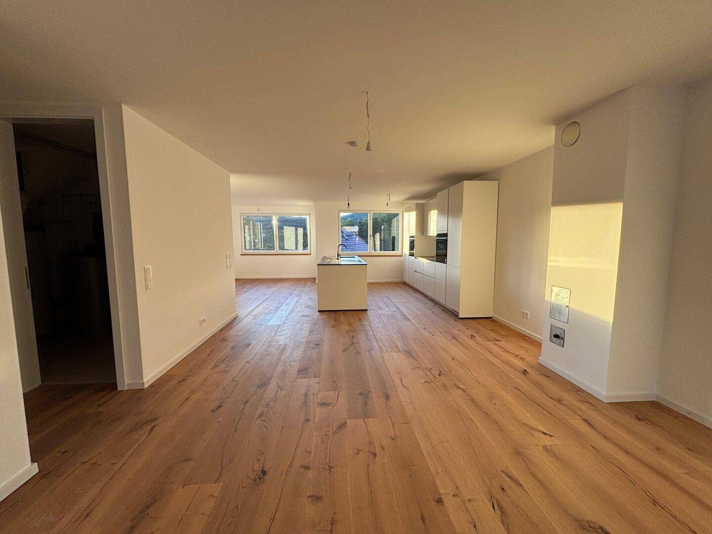Großzügiger offener Wohnbereich mit integrierter Küche, Holzparkett und viel natürlichem Licht.