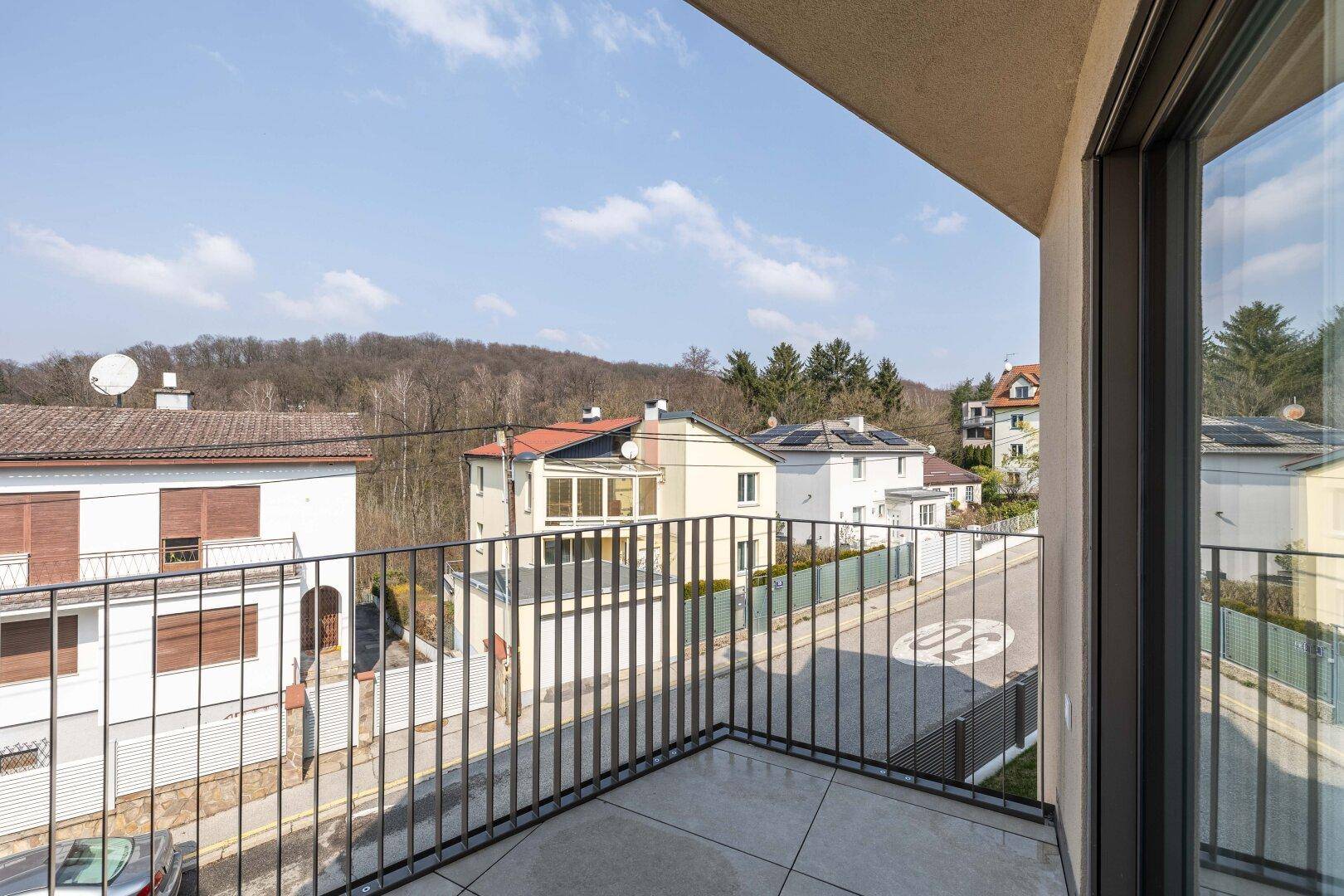 Balkon mit Blick auf die ruhige Wohnstraße und die benachbarten Häuser unter blauem Himmel.