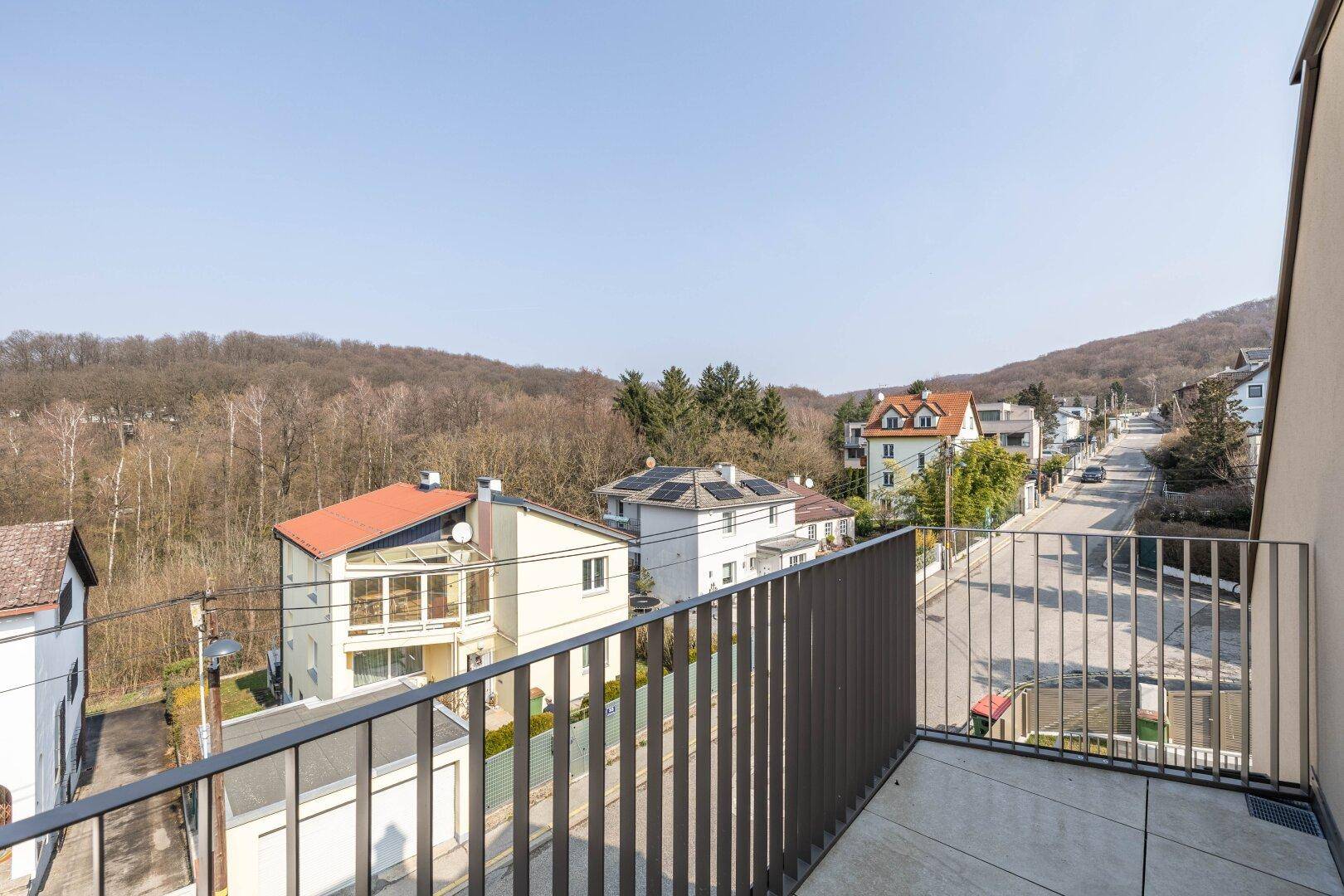 Weiter Blick vom Balkon über die grünen Hügel und die umliegende Wohngegend, sehr idyllisch.