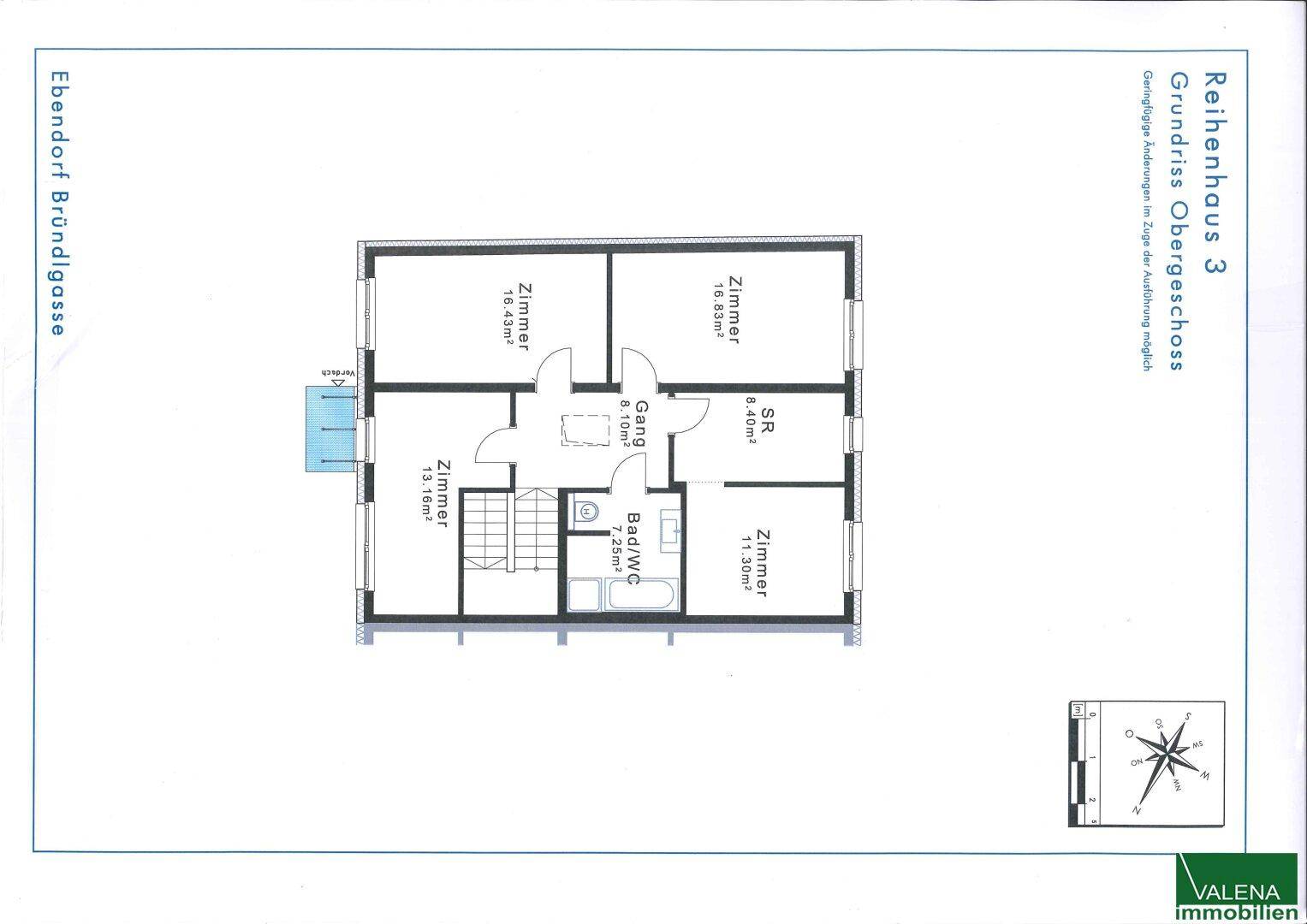 Grundriss des Obergeschosses eines Reihenhauses mit drei Schlafzimmern und einem Badezimmer.