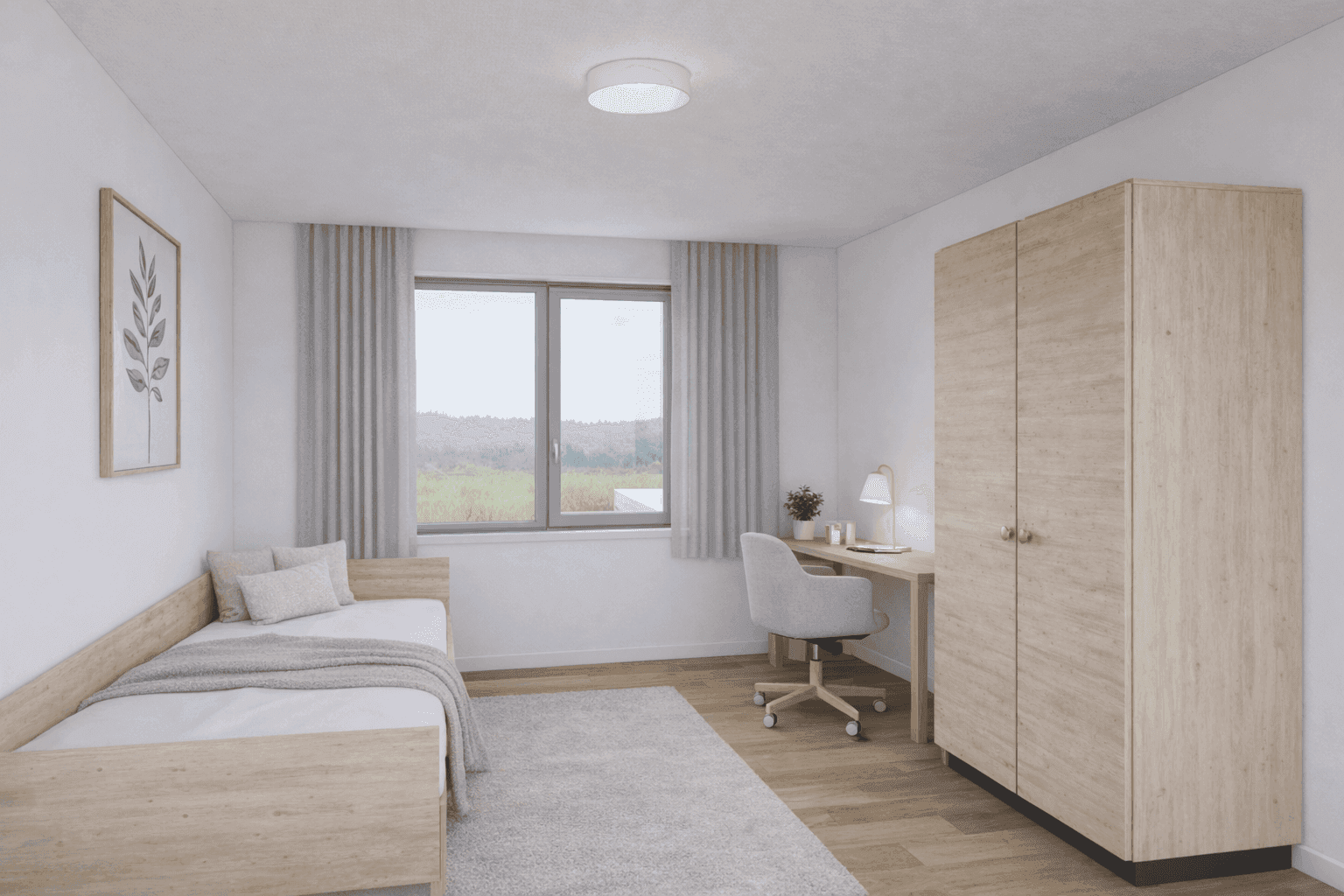 Helles Schlafzimmer mit Einzelbett, Schreibtisch, Holzschrank und Blick ins Grüne.