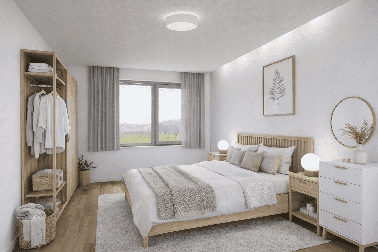 Geräumiges Schlafzimmer mit Doppelbett, offenem Kleiderschrank und natürlichem Lichteinfall.