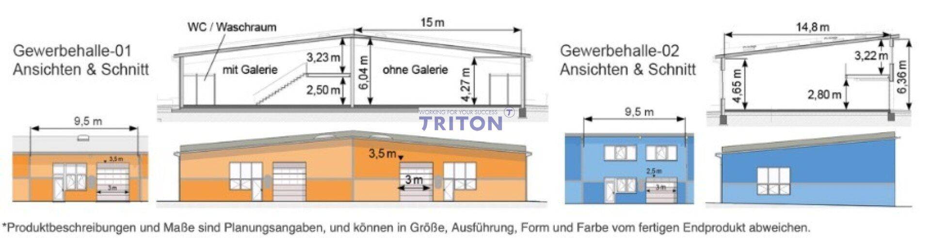 Architektonische Schnitte und Ansichten der Gewerbehallen mit Höhenangaben und Dachneigung.