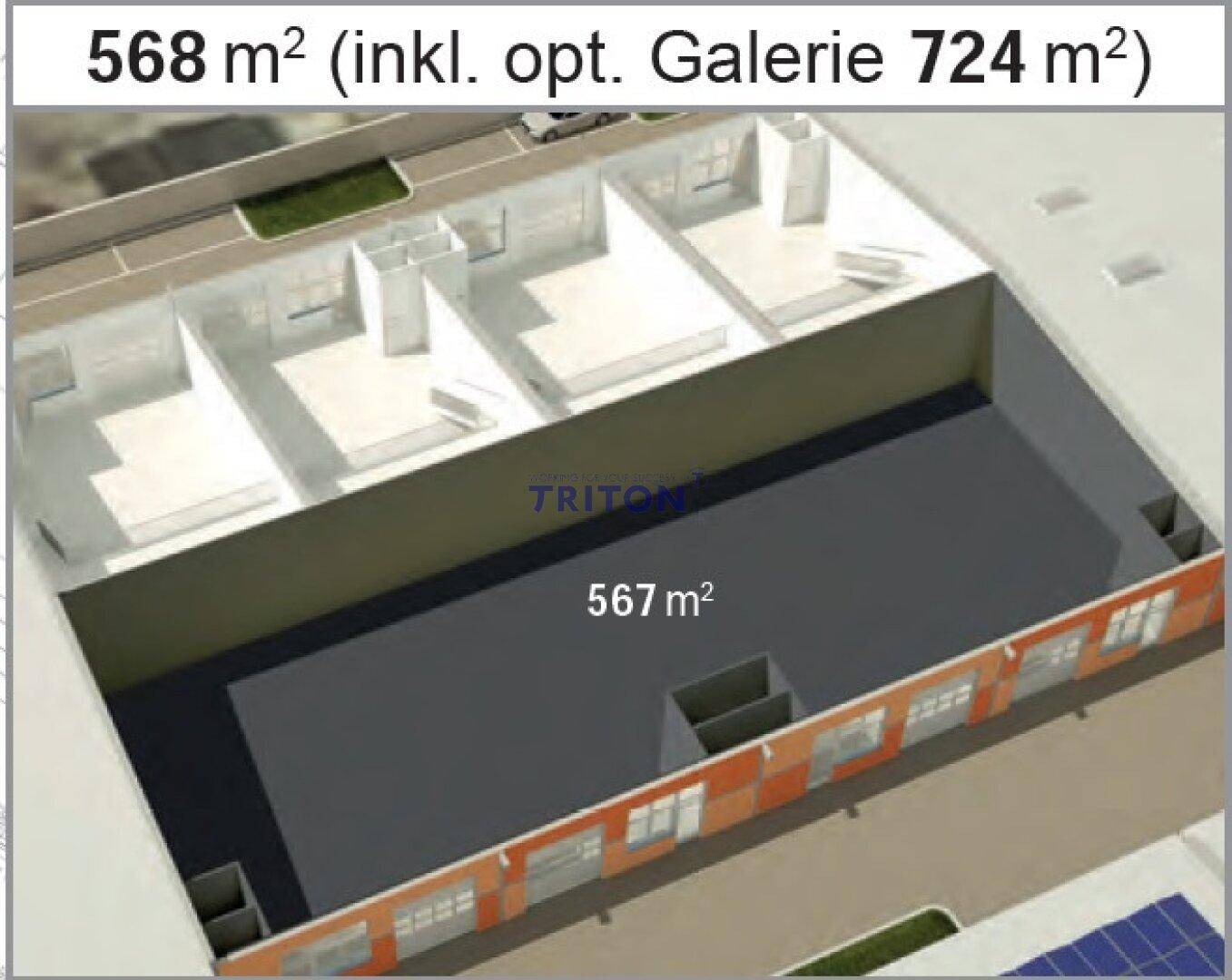3D-Grundriss einer großen Gewerbefläche mit optionaler Galerie und flexibler Raumaufteilung.