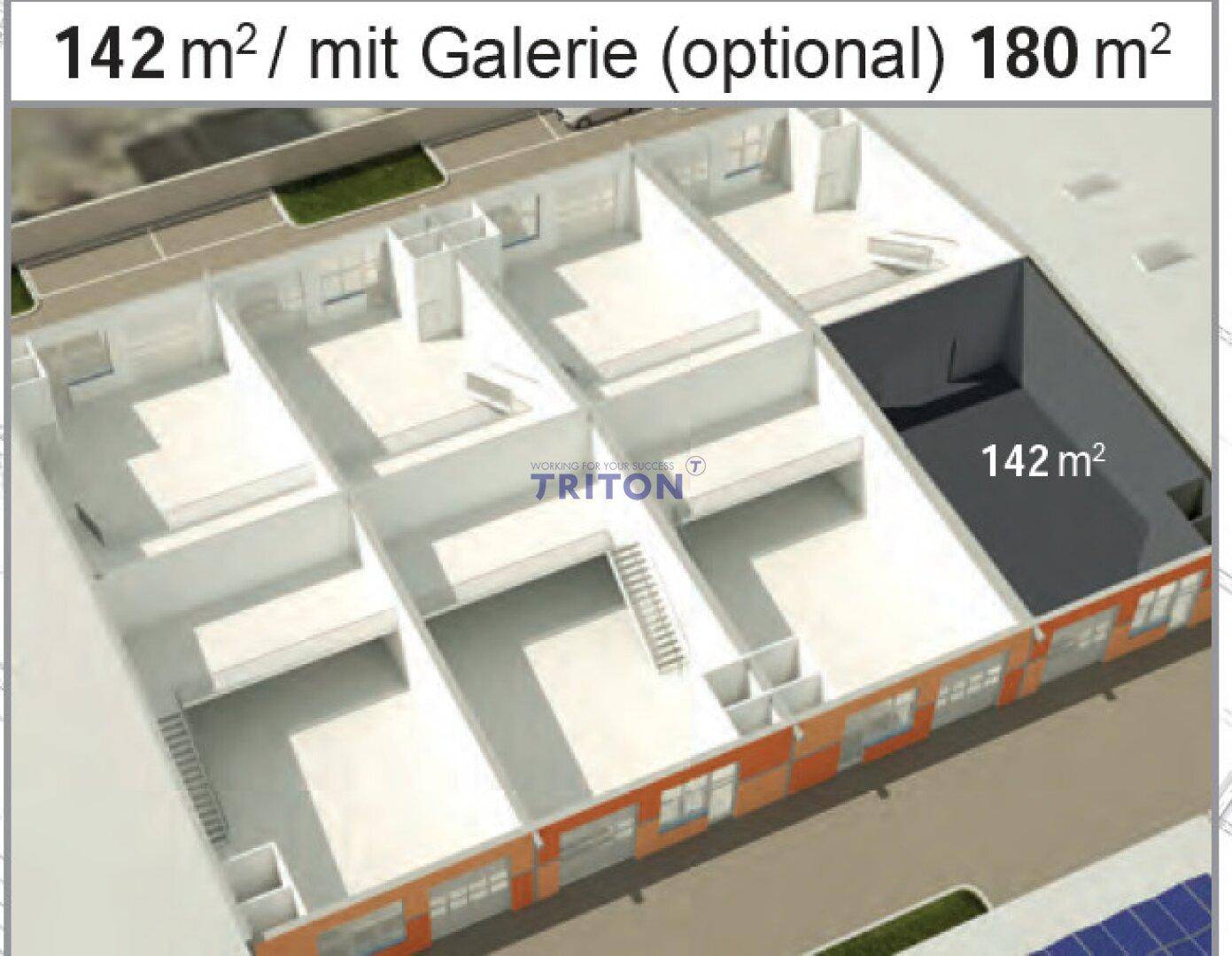 3D-Grundriss einer kleineren Gewerbeeinheit mit optionaler Galerie und effizienter Raumgestaltung.