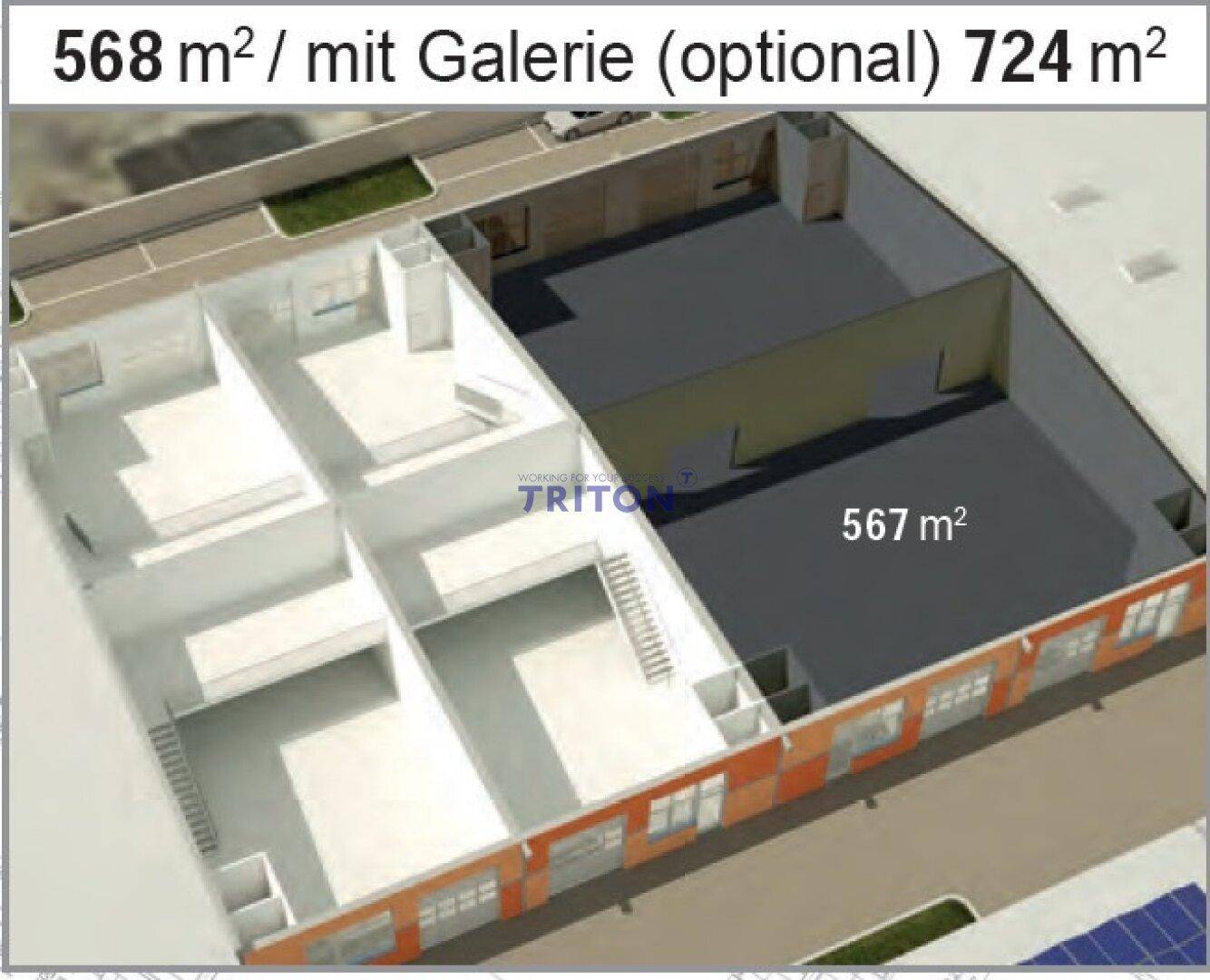 3D-Grundriss einer großen Gewerbefläche mit optionaler Galerie und flexibler Raumaufteilung.