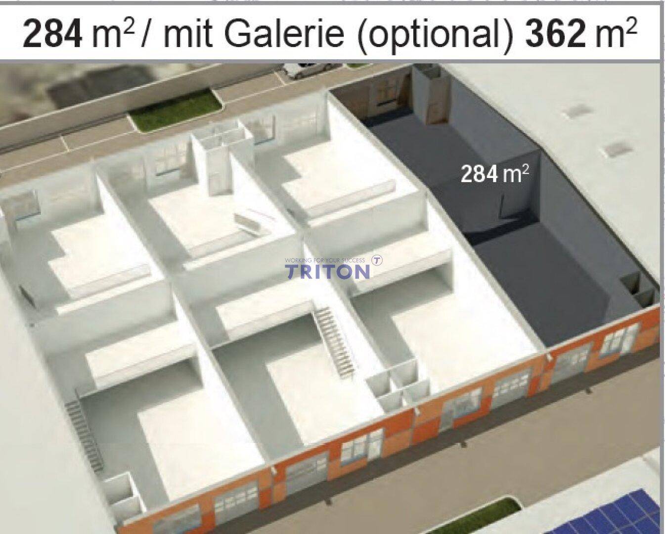 3D-Grundriss einer Gewerbehalle mit optionaler Galerie, zeigt die Aufteilung in mehrere Bereiche.