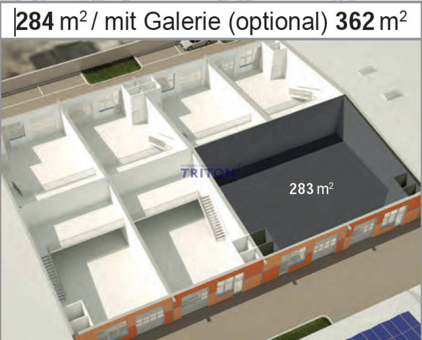 3D-Grundriss einer Gewerbehalle mit optionaler Galerie, zeigt die Aufteilung in mehrere Bereiche.