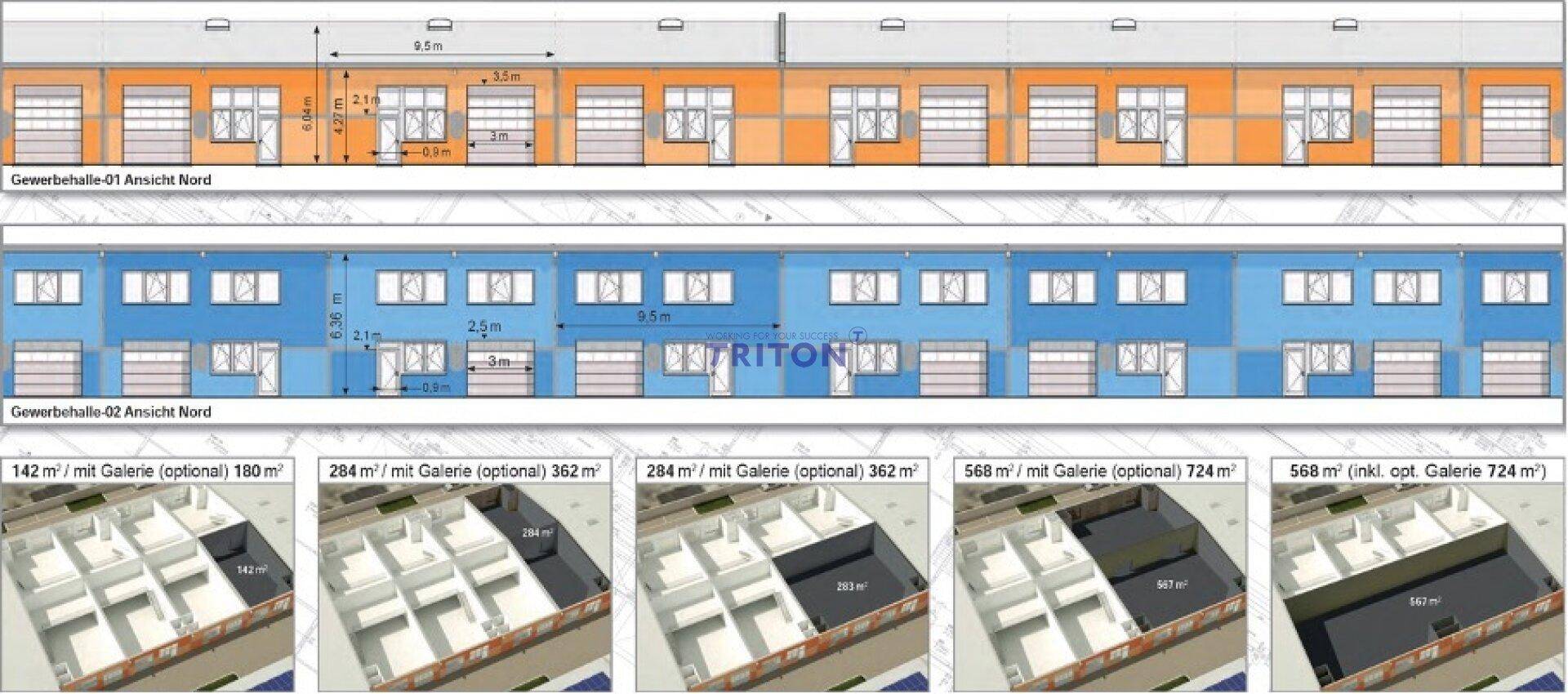 Architektonische Ansichten der Gewerbehallen mit verschiedenen Grundrissoptionen und Maßen.