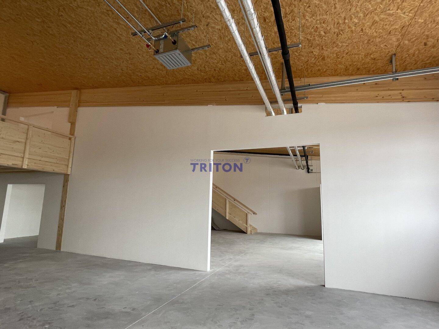Leere Gewerbefläche mit hohen Decken, Betonboden und sichtbarer Holzkonstruktion, bereit für den Ausbau.