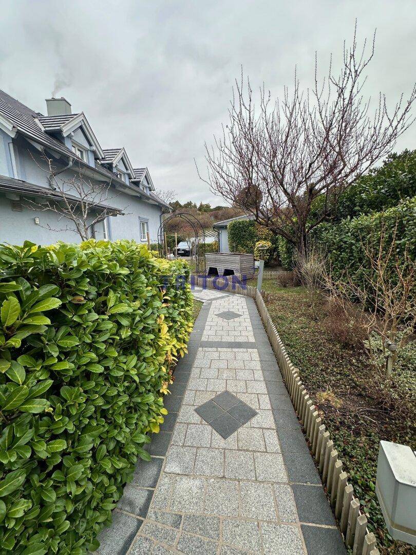 Geschwungener Gartenweg mit Hecken und Bäumen führt durch den gepflegten Außenbereich.