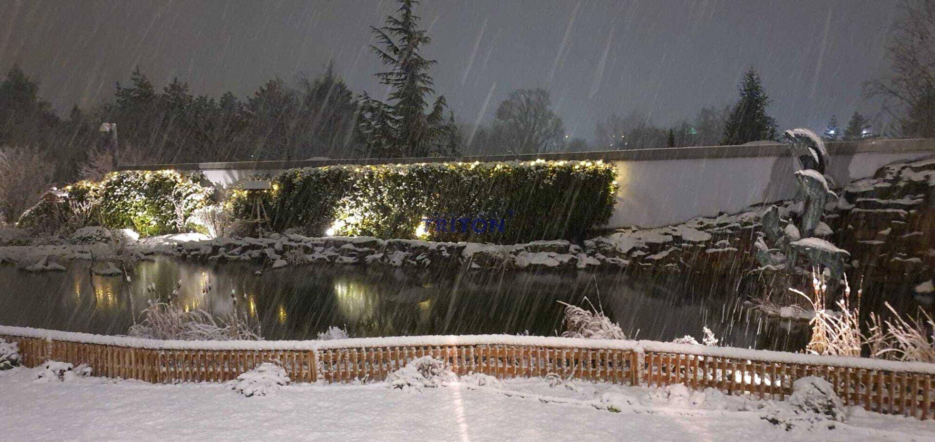 Winterliche Szenerie des Gartenteichs und der beleuchteten Hecken im Schnee.