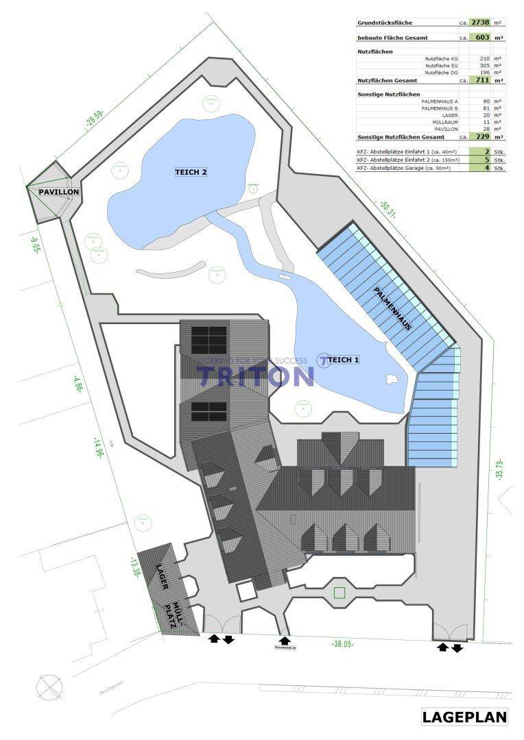 Lageplan des Anwesens mit Gebäuden, zwei Teichen und einem Palmenhaus.