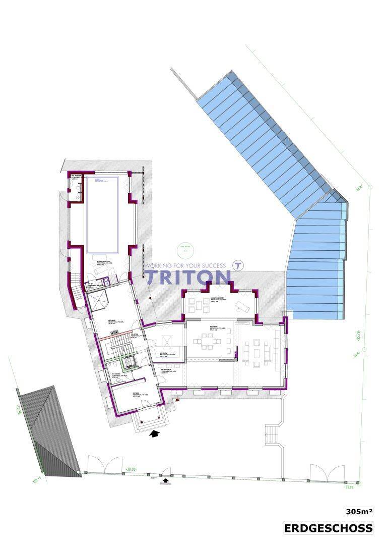 Grundriss des Erdgeschosses mit Wohnbereichen und Zugang zum Palmenhaus.