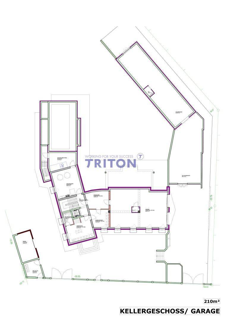Grundriss des Kellergeschosses mit Garage und weiteren Nutzflächen.