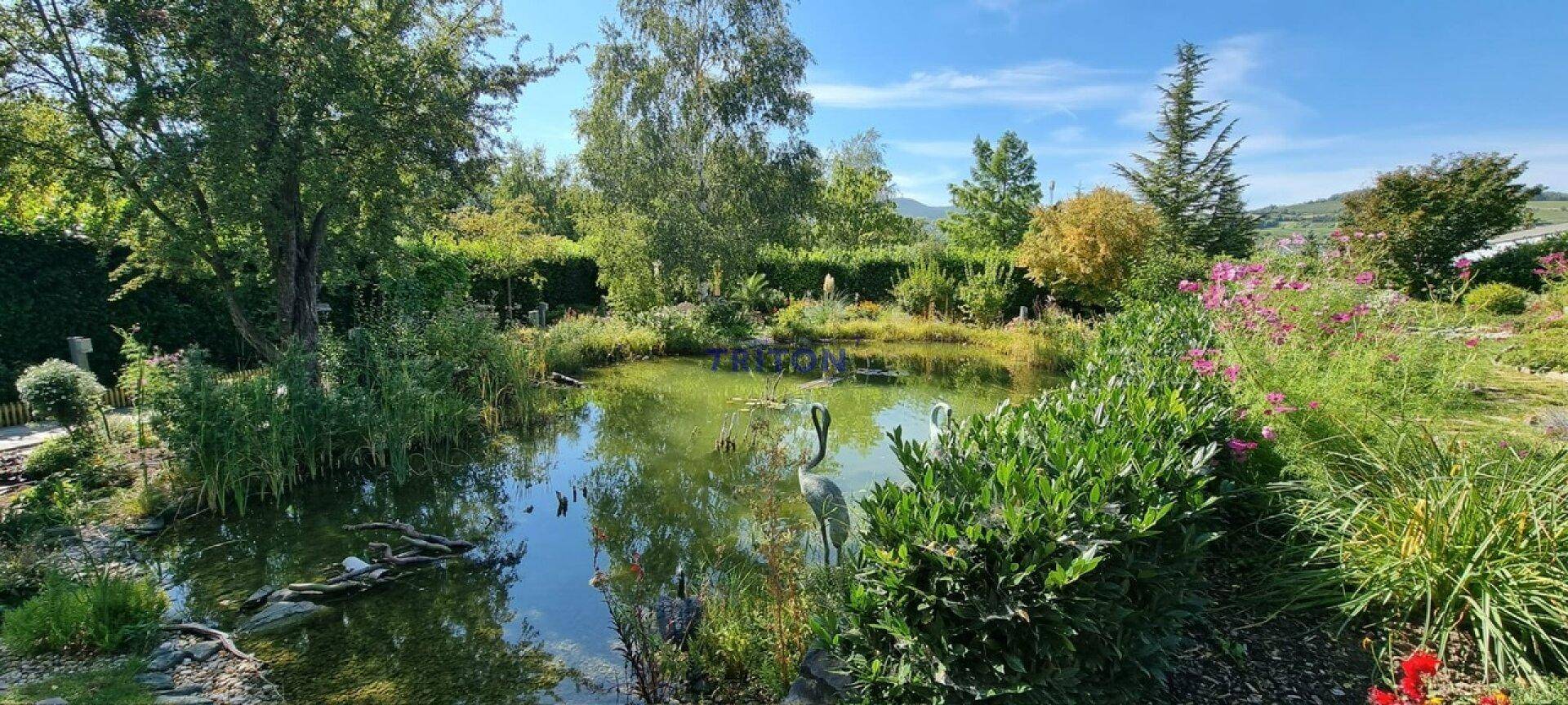 Großer Gartenteich mit Wasservögel-Statuen und üppiger Uferbepflanzung unter blauem Himmel.