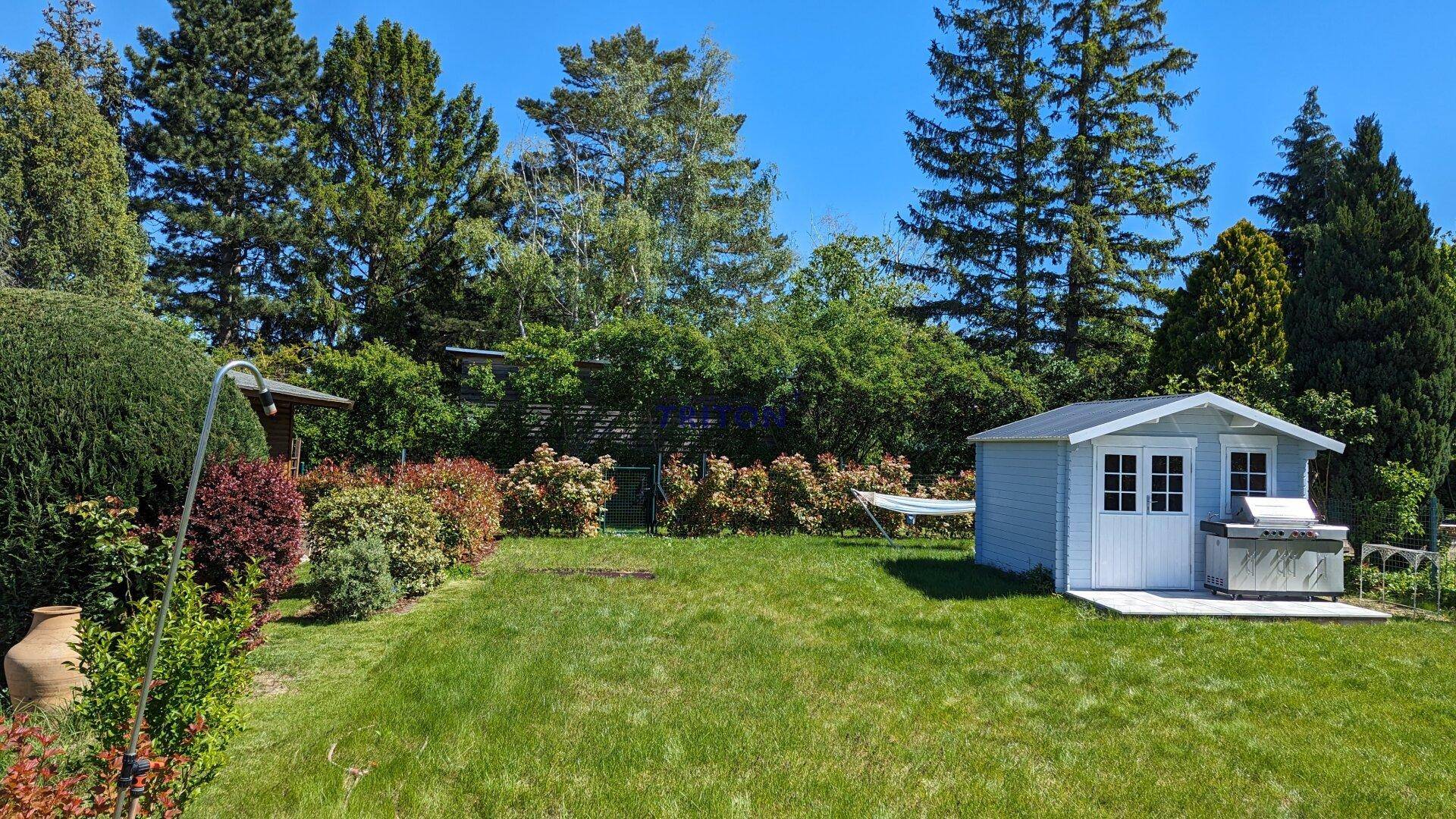 Sonniger Garten mit weitläufigem Rasen, einem kleinen Gartenhaus und Grillplatz, umgeben von üppigem Grün.