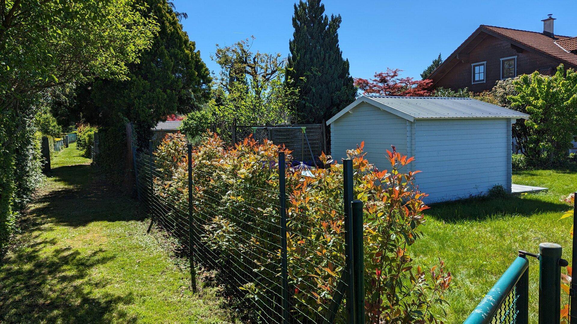 Blick entlang des Gartenzauns mit blühenden Sträuchern und einem Gartenhaus im Hintergrund unter blauem Himmel.